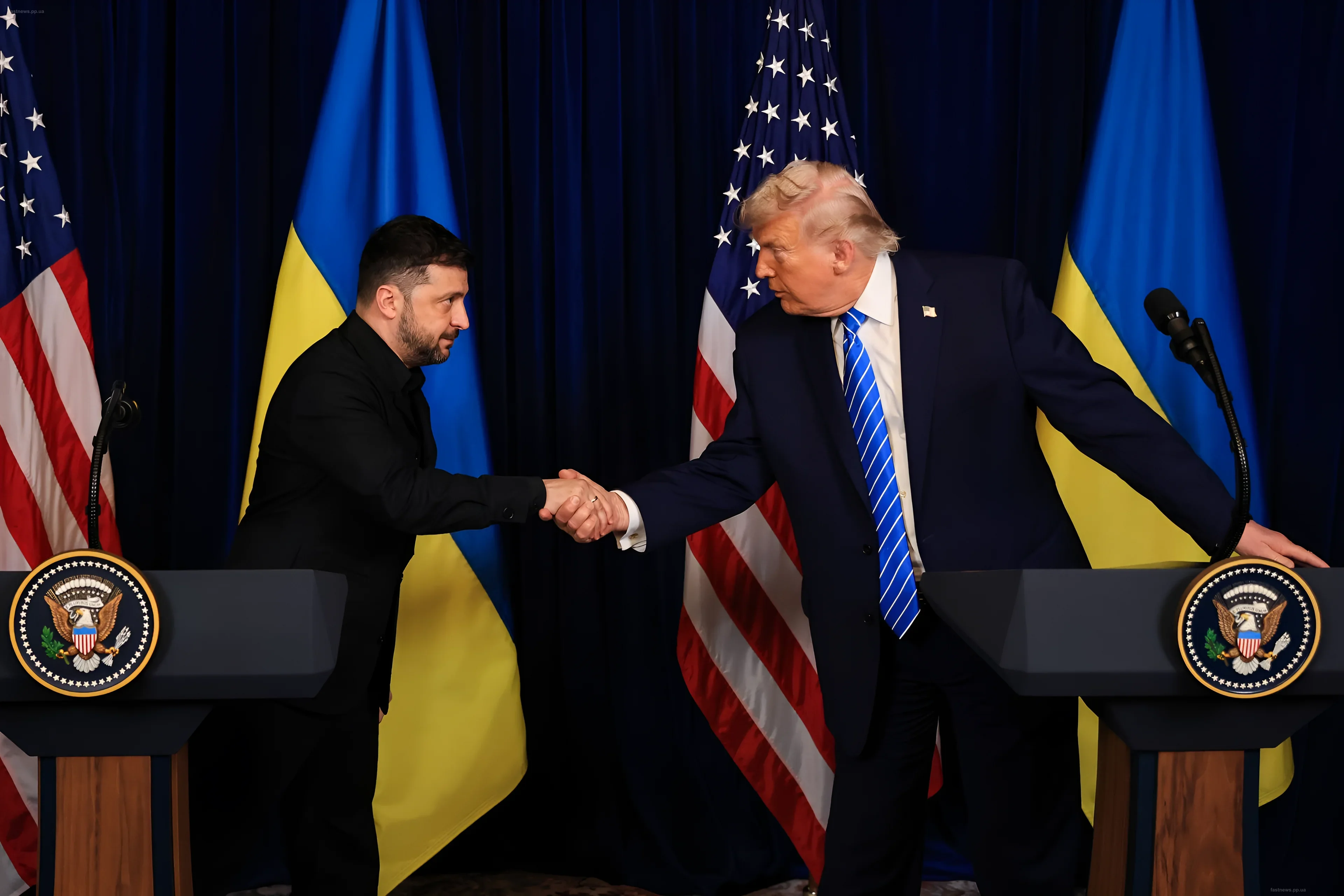Volodymyr Zelensky and Donald Trump shaking hands against the backdrop of Ukrainian and US flags during an official meeting