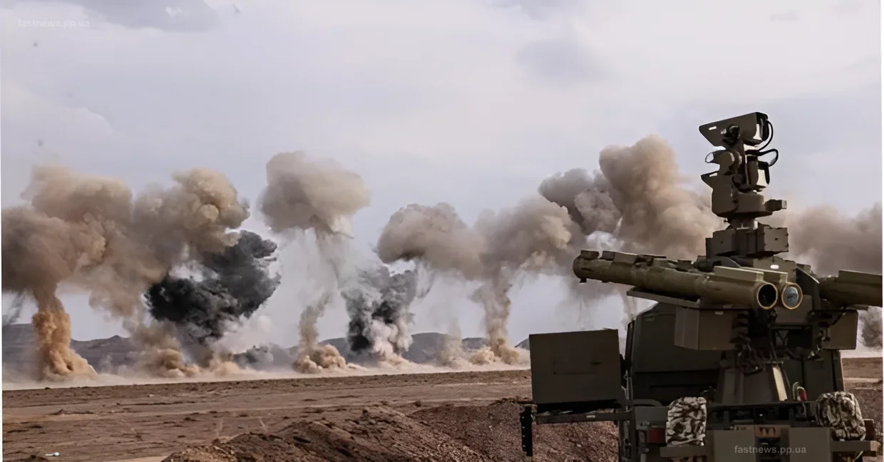Iranian Majid AD-08 surface-to-air missile system at the Yerevan parade against a backdrop of explosions