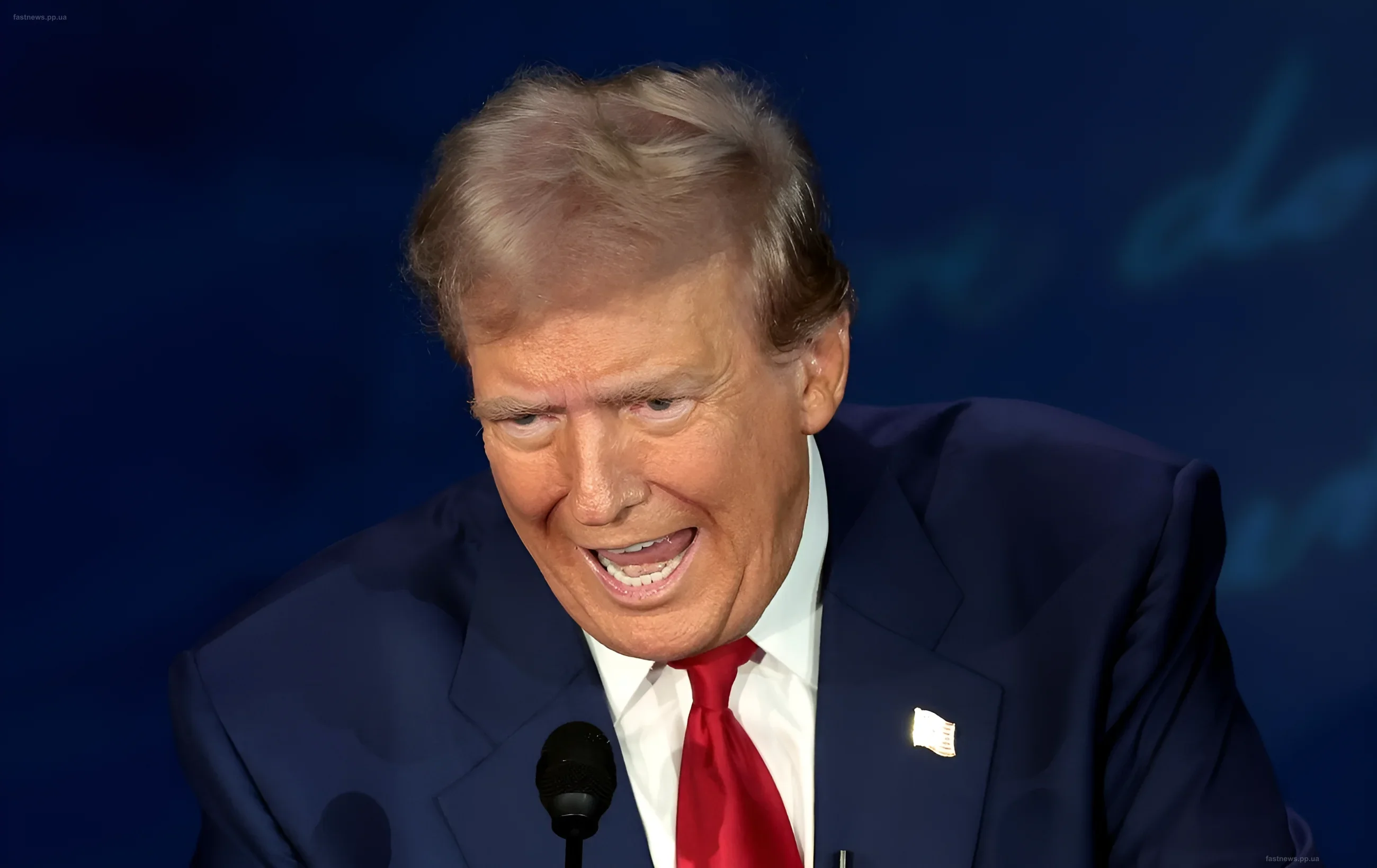 Donald Trump against a blue background with a serious expression, symbolizing his aggressive foreign policy