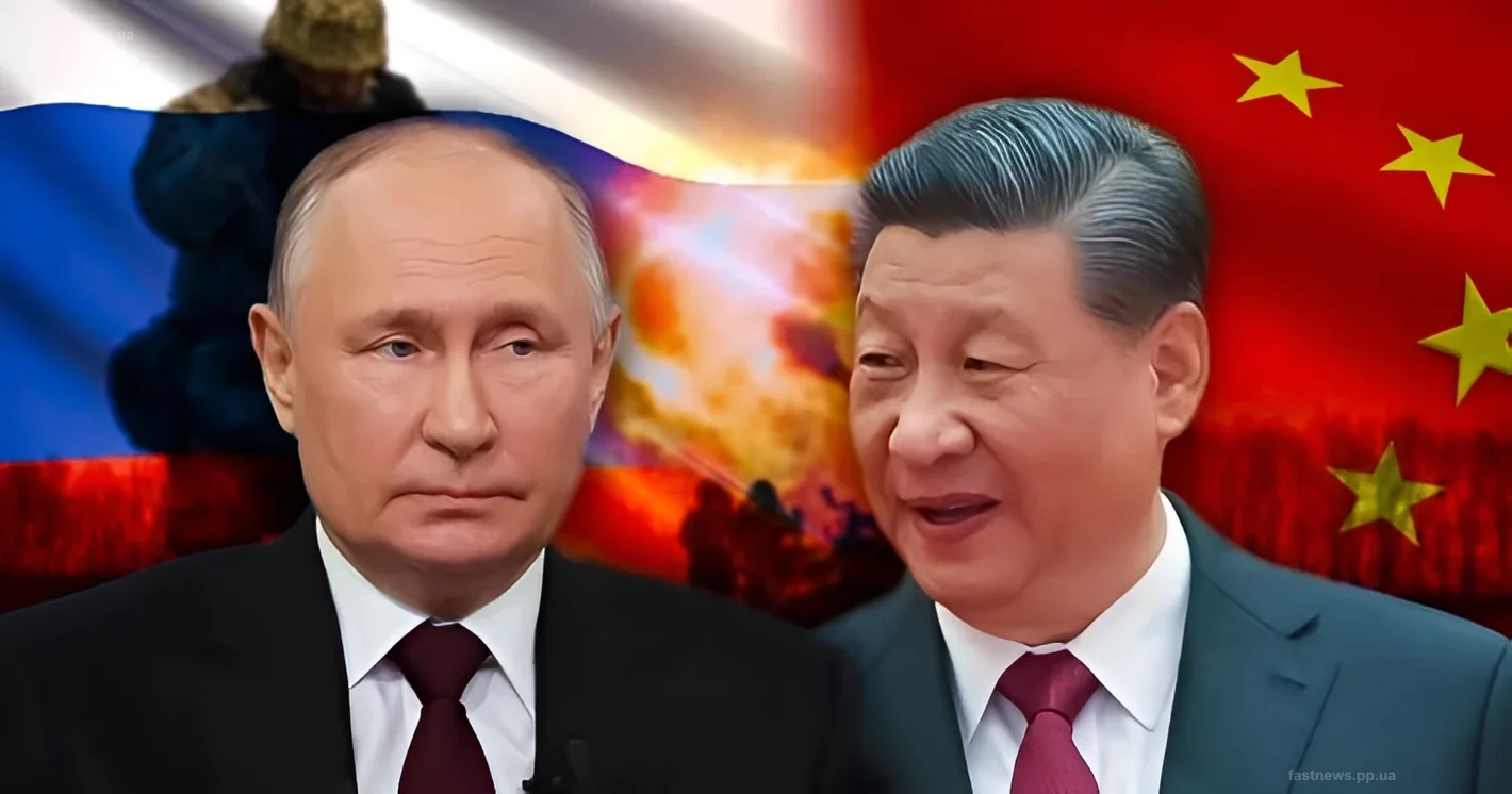 Vladimir Putin and Xi Jinping against the backdrop of Russian and Chinese flags, illustrating the alliance of the two countries in the context of the war