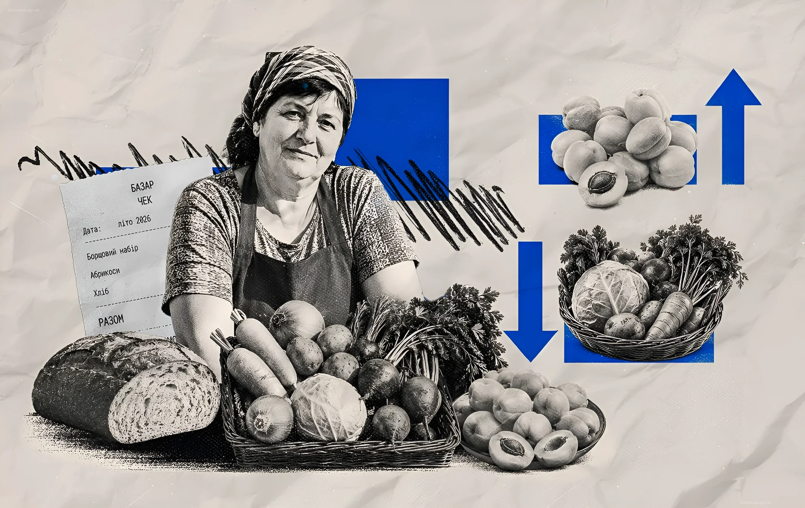 Женщина с овощами и хлебом, рядом абрикосы и инфографика с ценами на продукты летом 2026 года