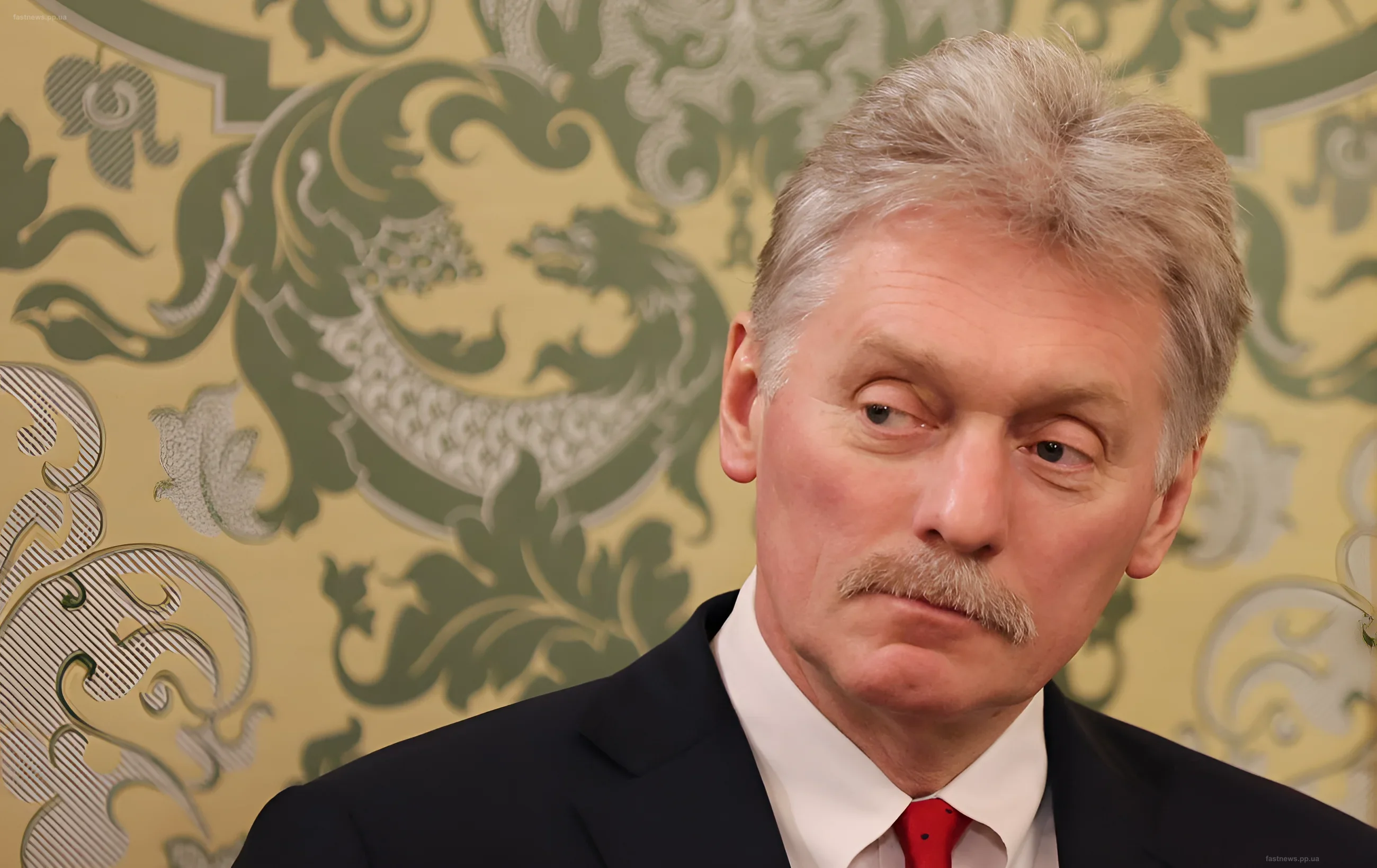 Дмитрий Песков на фоне орнаментальной стены, обсуждающий роль ЕС в переговорах