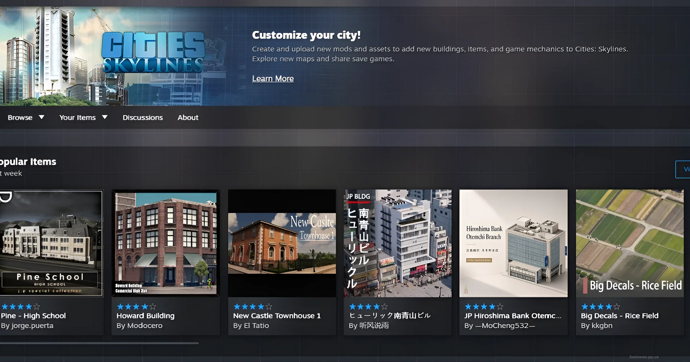 Скриншот обновленного интерфейса Steam Workshop для игры Cities: Skylines с карточками модификаций