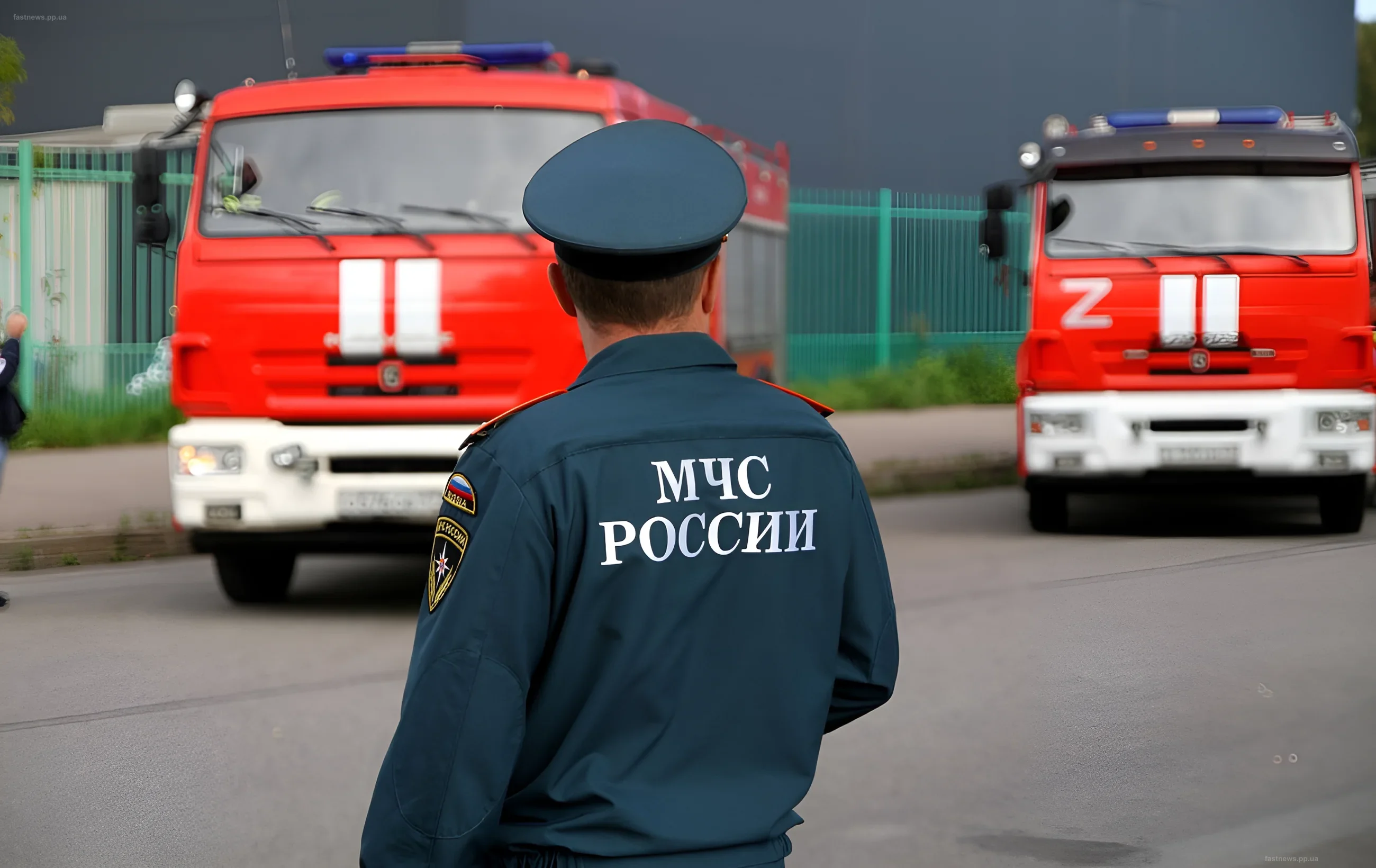 Сотрудник МЧС России стоит спиной к камере, на фоне видны пожарные машины, работающие на месте инцидента в Чебоксарах