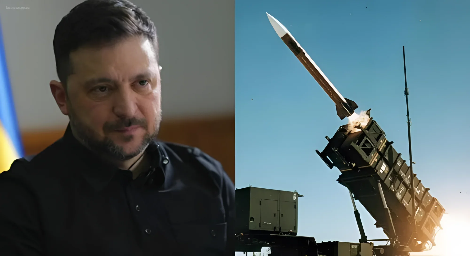 Колаж із Володимиром Зеленським та запуском ракети Patriot PAC-3
