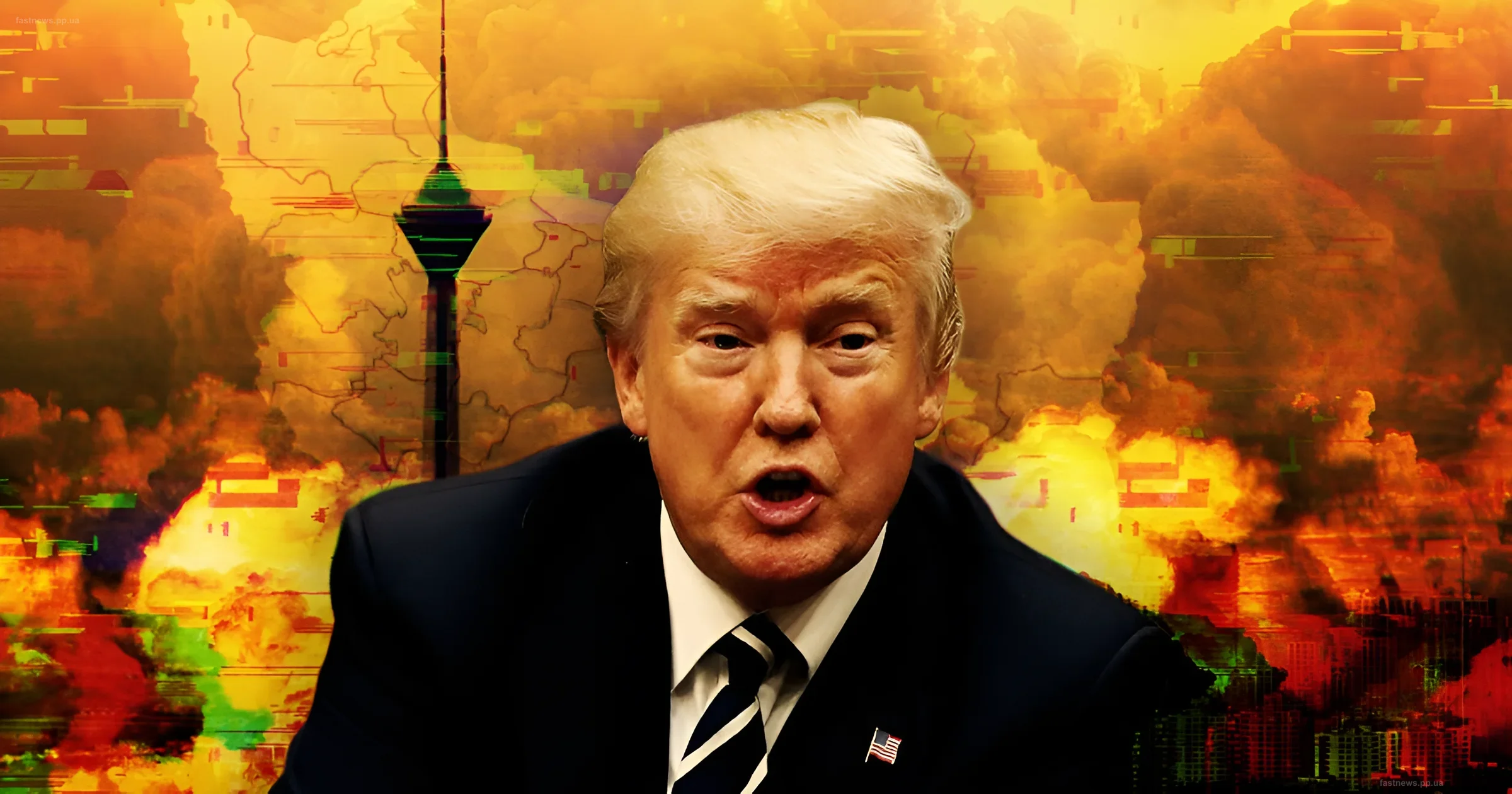 Donald Trump against the backdrop of a world map and explosions, symbolizing the geopolitical crisis and the ultimatum to Iran