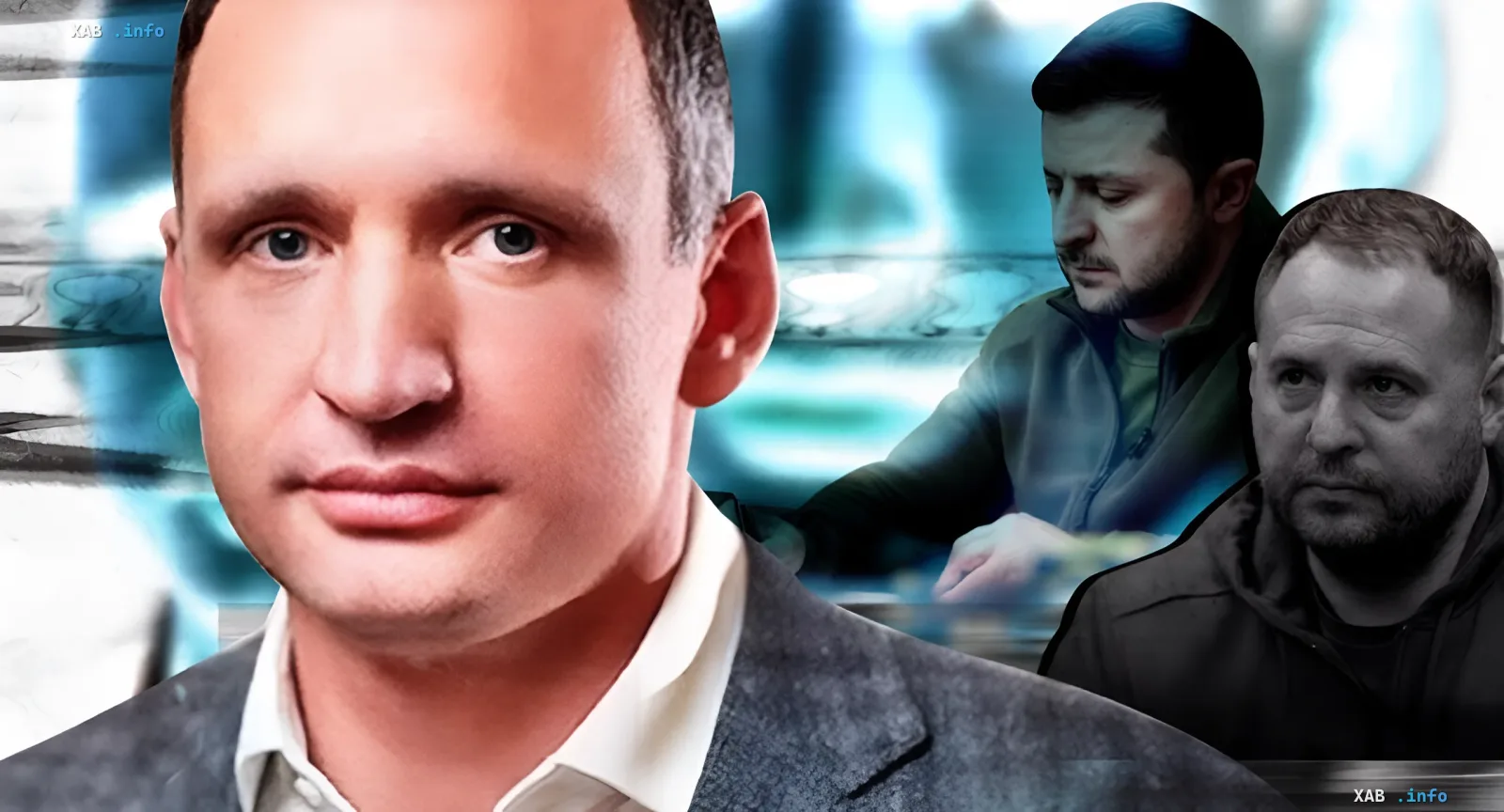 Коллаж с портретами ключевых фигур украинского силового блока на фоне абстрактного цифрового дизайна, иллюстрирующий тему аппаратной чистки и перестройки власти