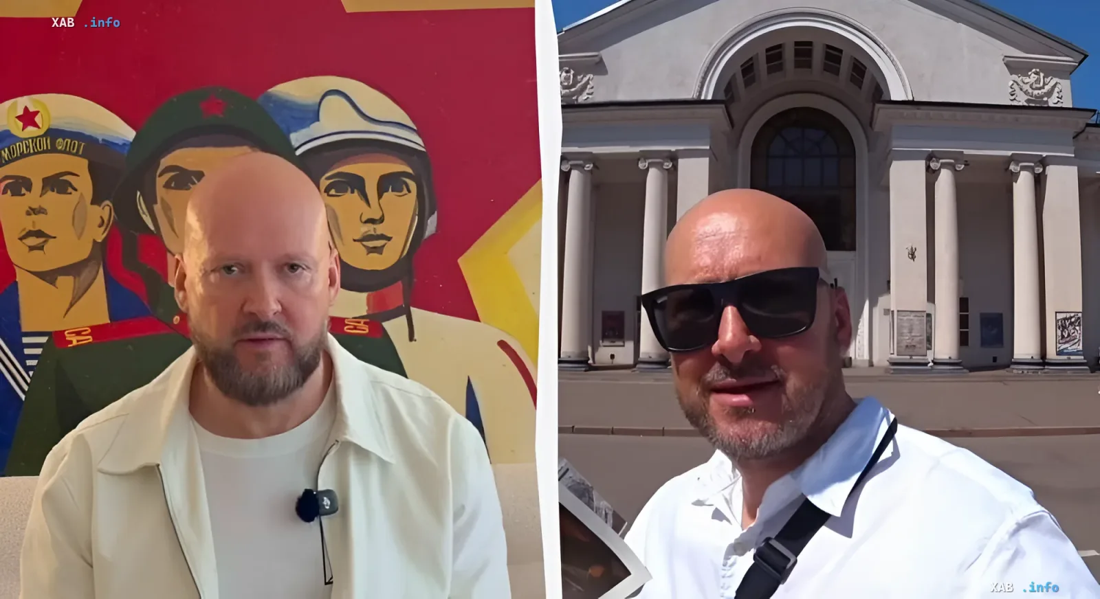Британский блогер Bald and Bankrupt на фоне советского плаката и здания в бывших республиках СССР
