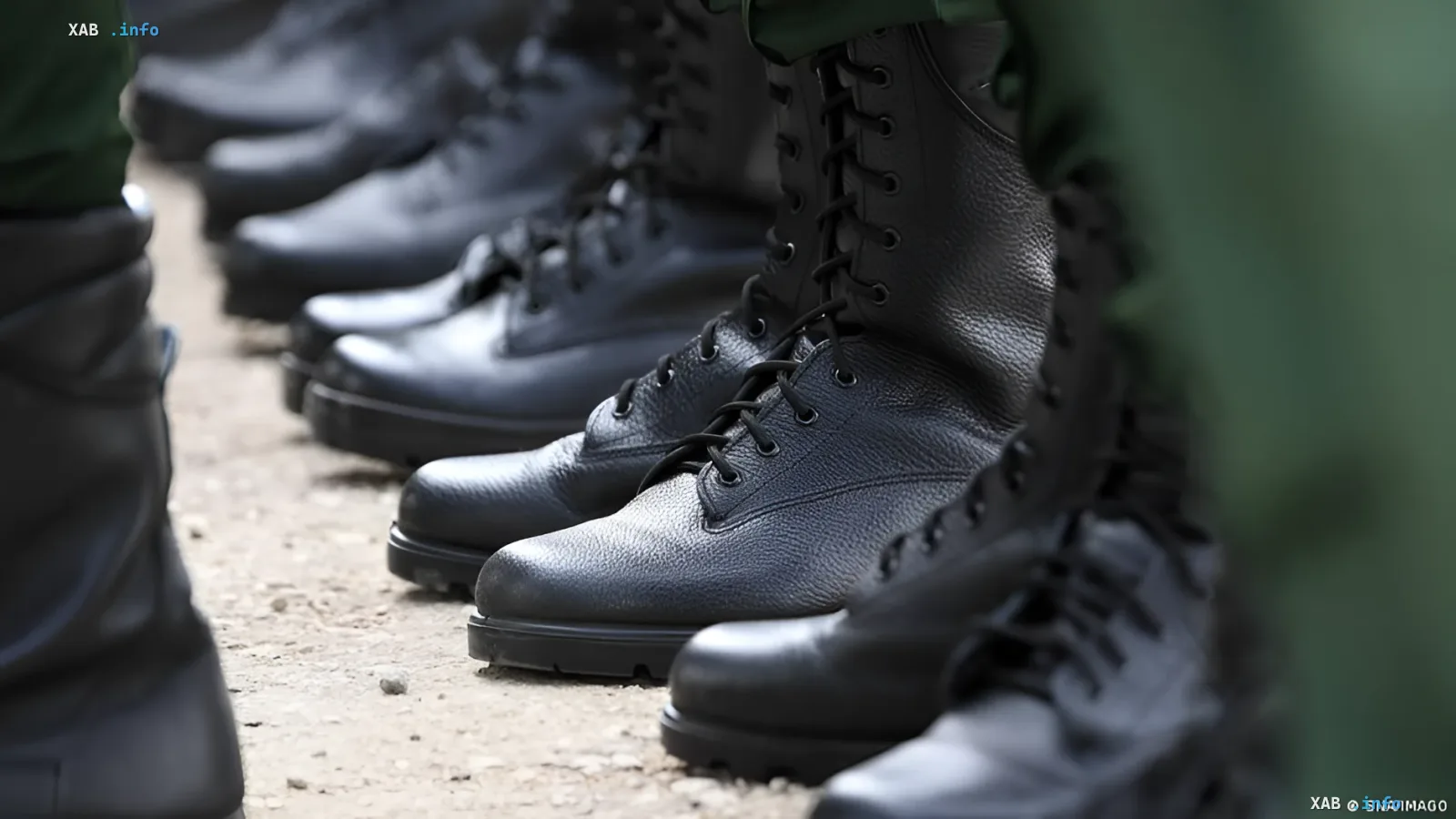 Rows of military boots of Russian conscripts, illustrating the theme of conscription and denial of asylum in Germany