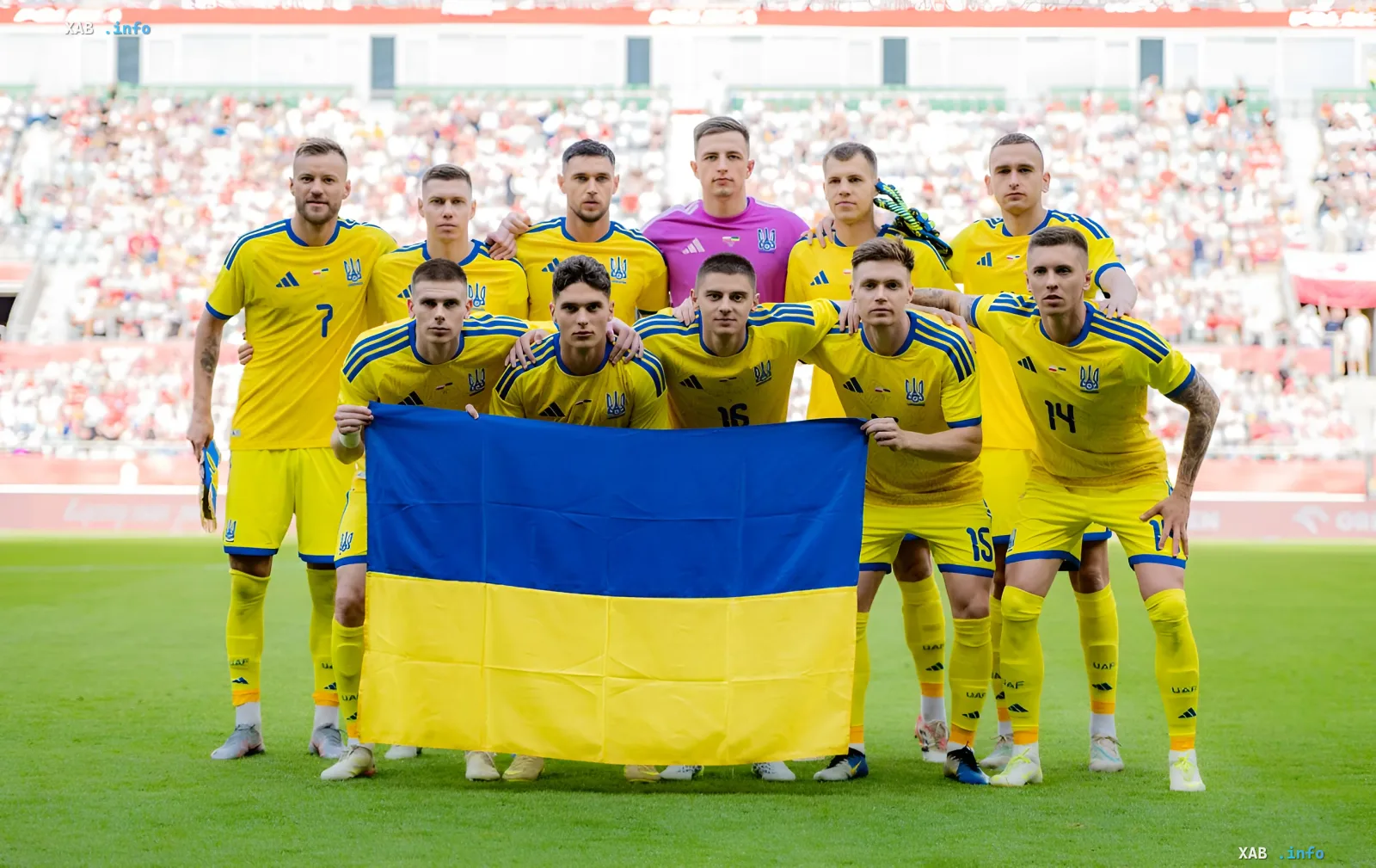 Сборная Украины в желто-синих футболках с флагом перед матчем против Польши, где Ярмоленко приблизился к рекорду Шевченко