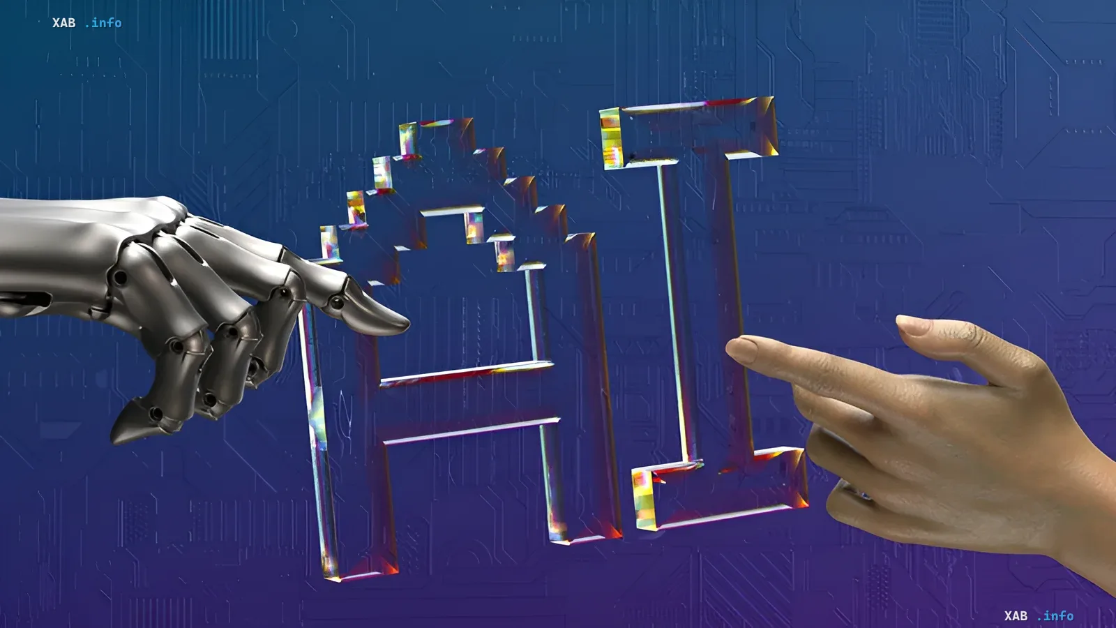 Robotische und menschliche Hände interagieren mit holographischen AI-Buchstaben vor einem digitalen Schaltkreis-Hintergrund, was die Zusammenarbeit zwischen Mensch und KI im Kontext von AWS OpenSearch Serverless symbolisiert