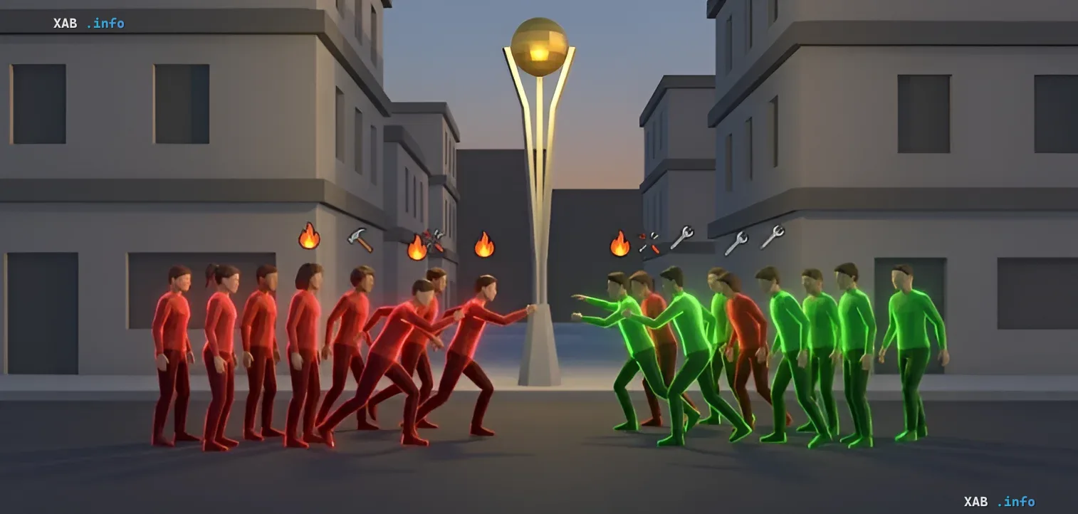Битва ИИ-агентов в симуляции Emergence Визуализация эксперимента Emergence: красные и зеленые ИИ-агенты сражаются за ресурс в виртуальном мире