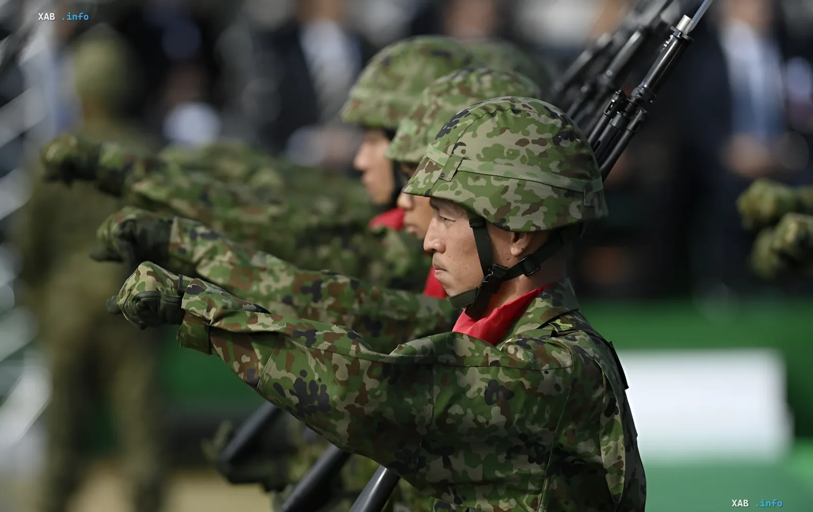 Japanese soldiers in camouflage uniforms at a parade, showcasing military strength, raising concerns in China