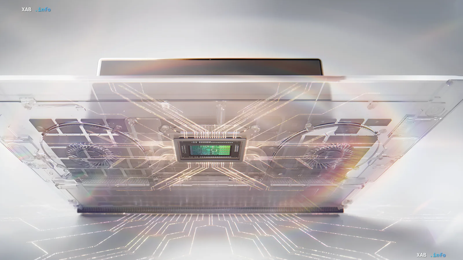 Внутренняя архитектура ноутбука с чипом NVIDIA RTX Spark, демонстрирующая мощные вентиляторы и центральный процессор с подсветкой