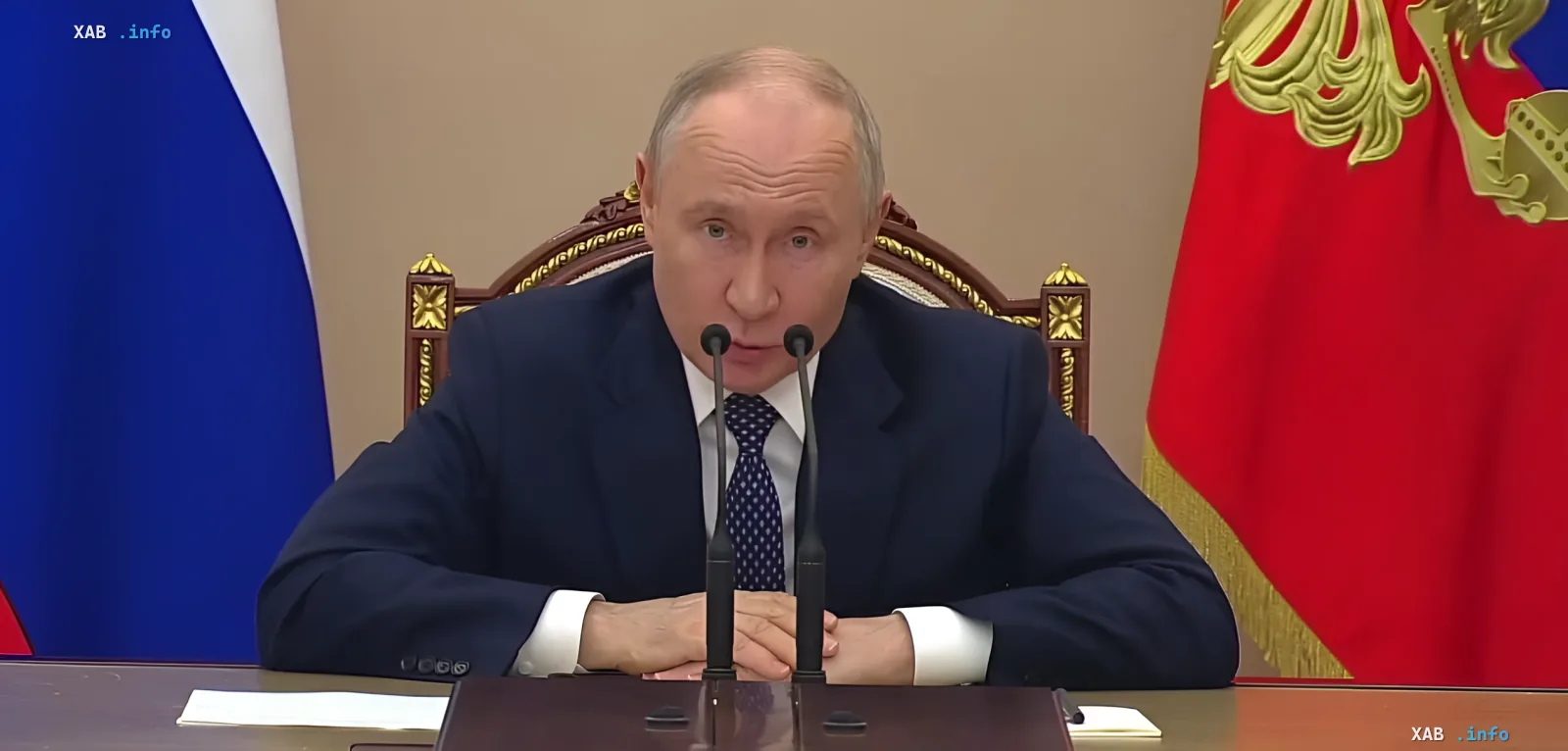 Vladimir Putin at an official meeting, accusing Ukrainian leadership of crimes against children in Starobelsk and Heniychesk