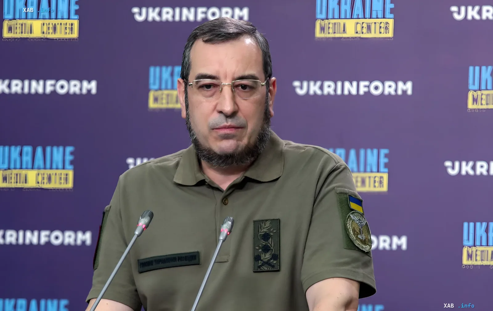 Representative of Ukrainian security forces at a press conference discussing Russia's increased weapon production and sanctions evasion
