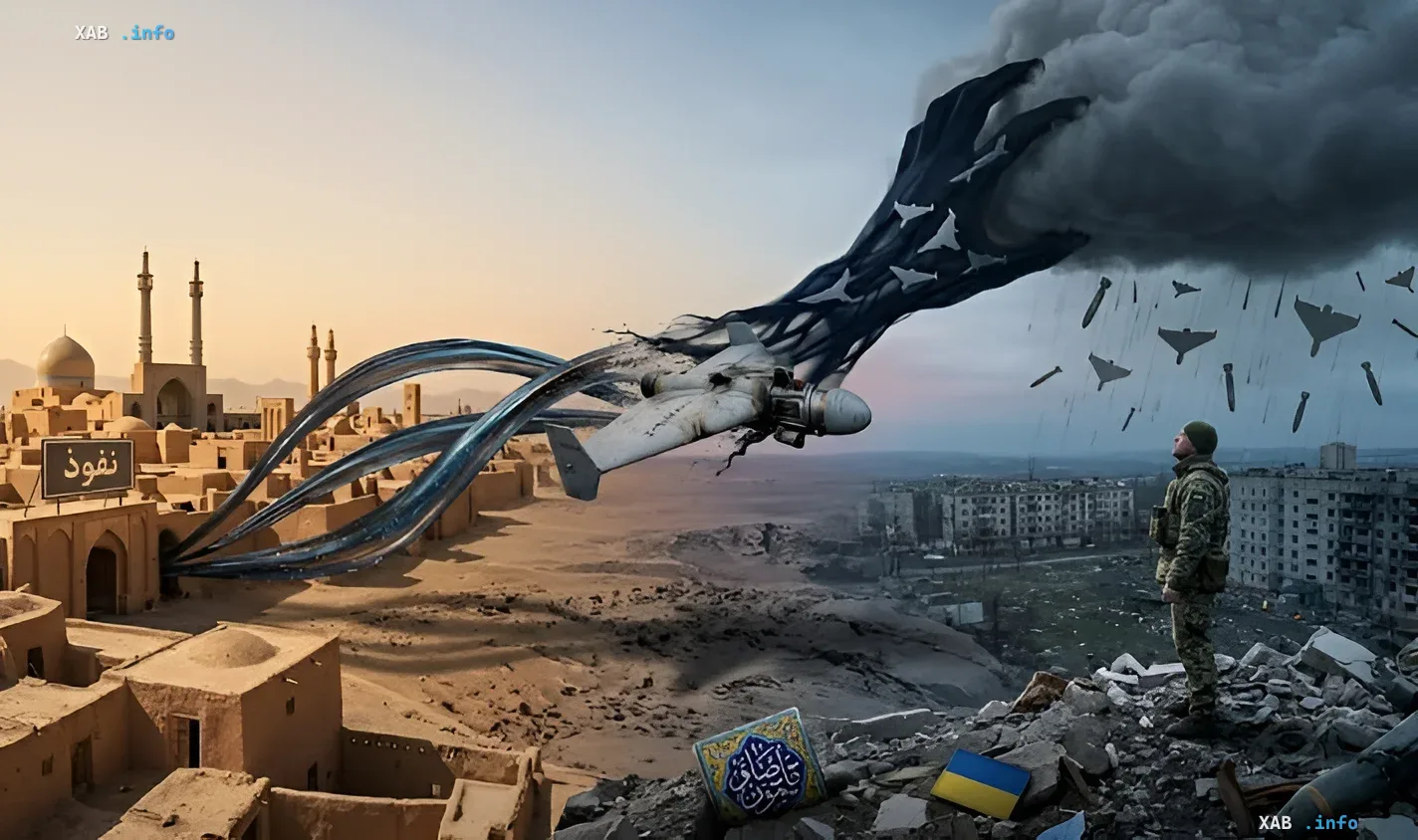 Symbolic image: Iranian drone with US flag flying over a ruined city while a Ukrainian soldier watches bombs fall; metaphor for Iran’s crisis impacting Ukraine