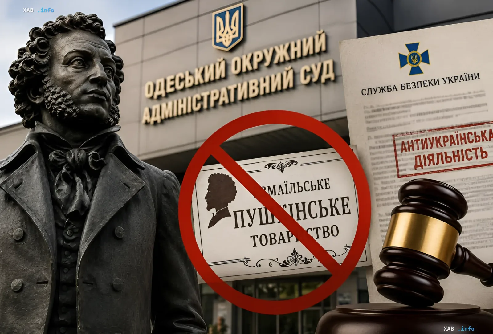Статуя Пушкина перед зданием Одесского окружного административного суда с запрещающим знаком над логотипом «Измаильского пушкинского общества» и документом СБУ о «антиукраинской деятельности»