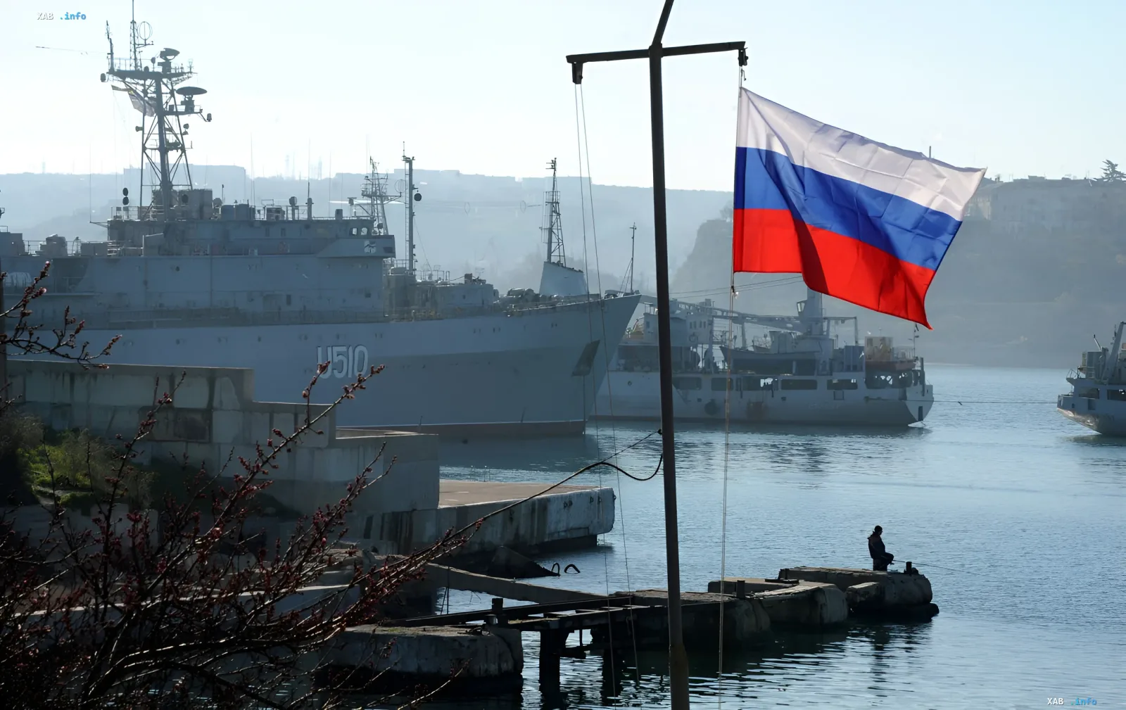 Black Sea Fleet ships docked in Sevastopol harbor with Russian flag — symbol of Russia’s military presence in Crimea ahead of major strikes