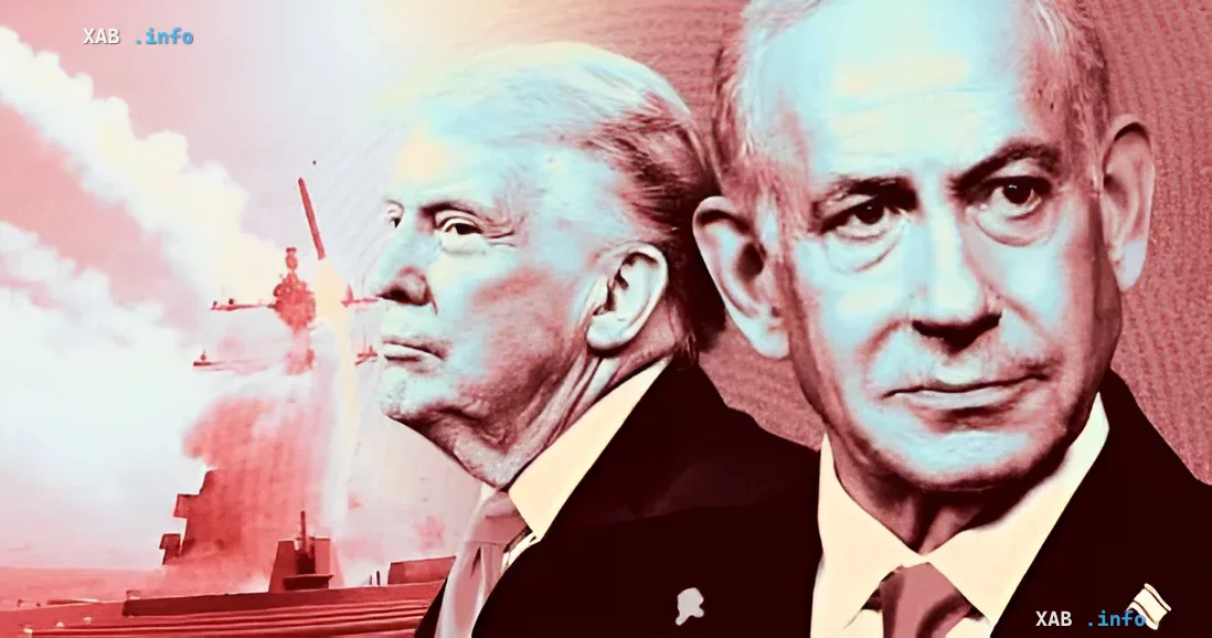 Donald Trump and Benjamin Netanyahu against backdrop of missile launch — illustration for article on Lebanon conflict