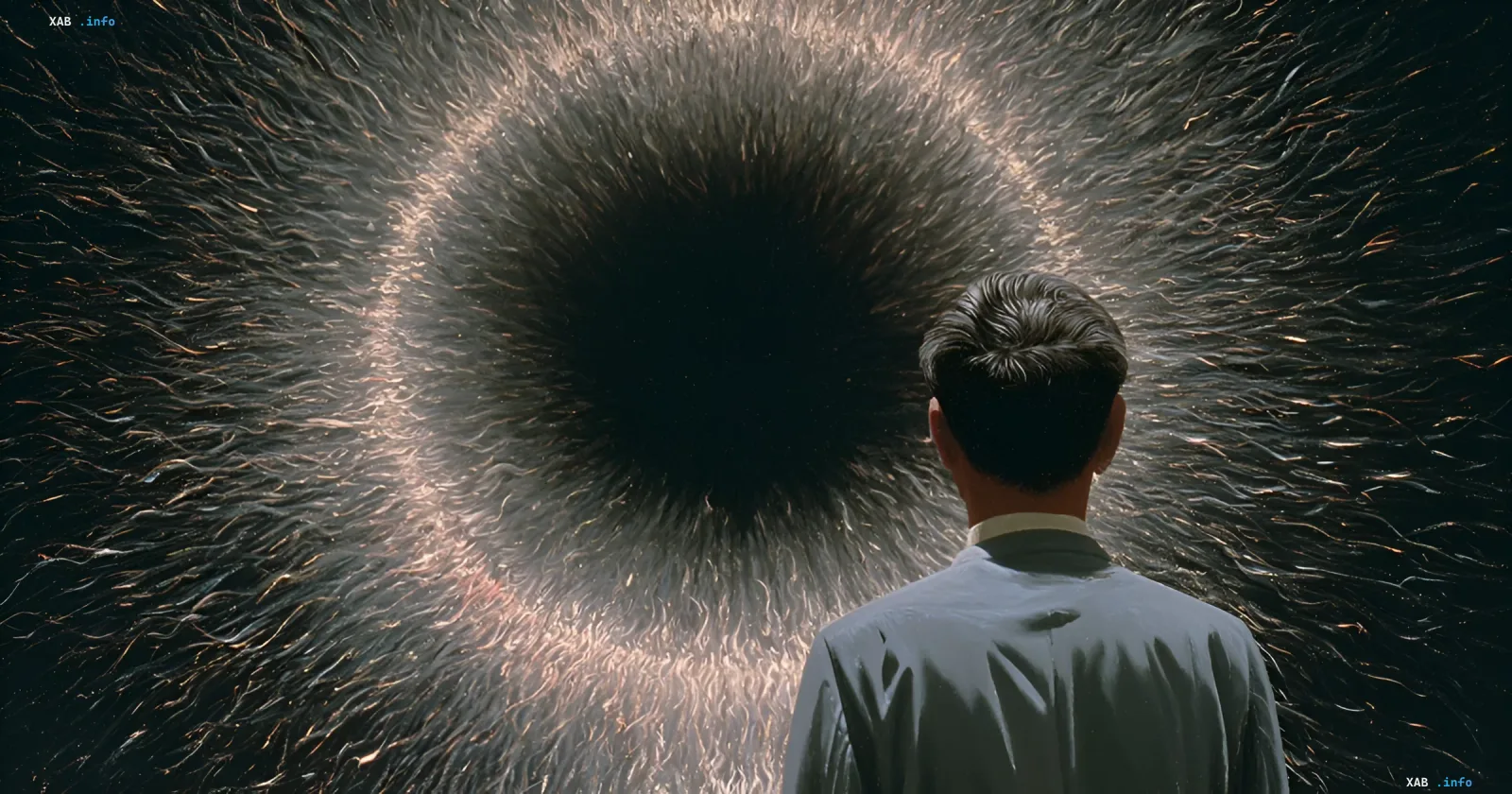 Man in business suit stands with back to viewer, gazing at a giant vortex of digital particles — metaphor for human vs AI confrontation in the context of debates about the future of work