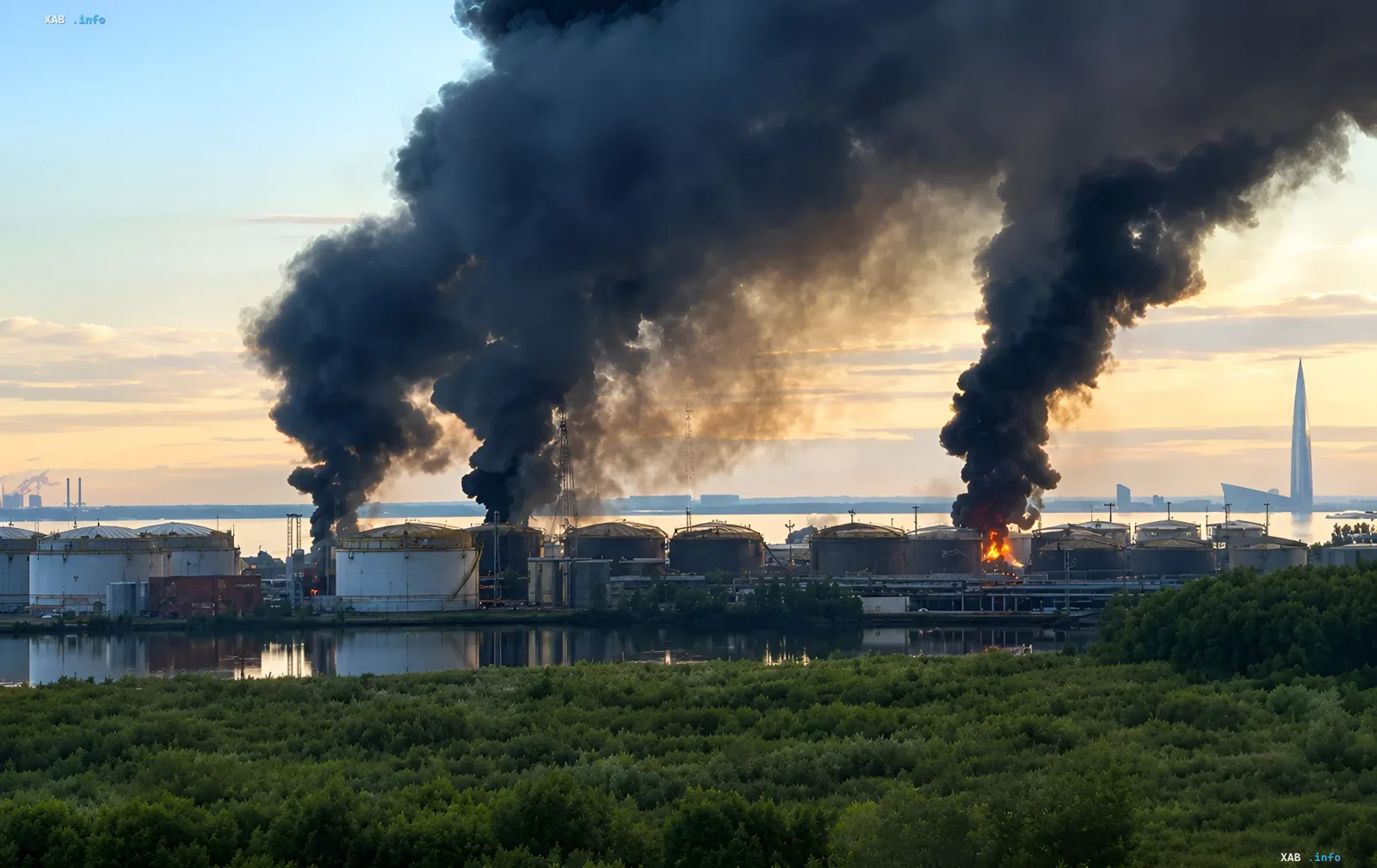 Мощный пожар на нефтяном терминале в Санкт-Петербурге после атаки: густой чёрный дым поднимается над резервуарами на фоне заката