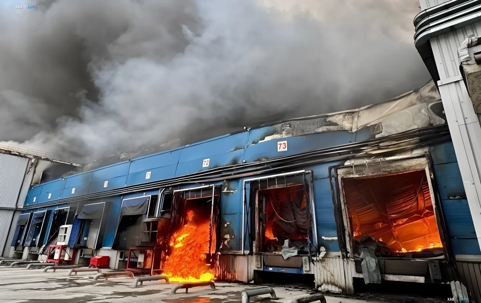 Fire at a warehouse in Dnipro: flames engulf the building, thick smoke rises into the sky, destroyed gates and burning structures