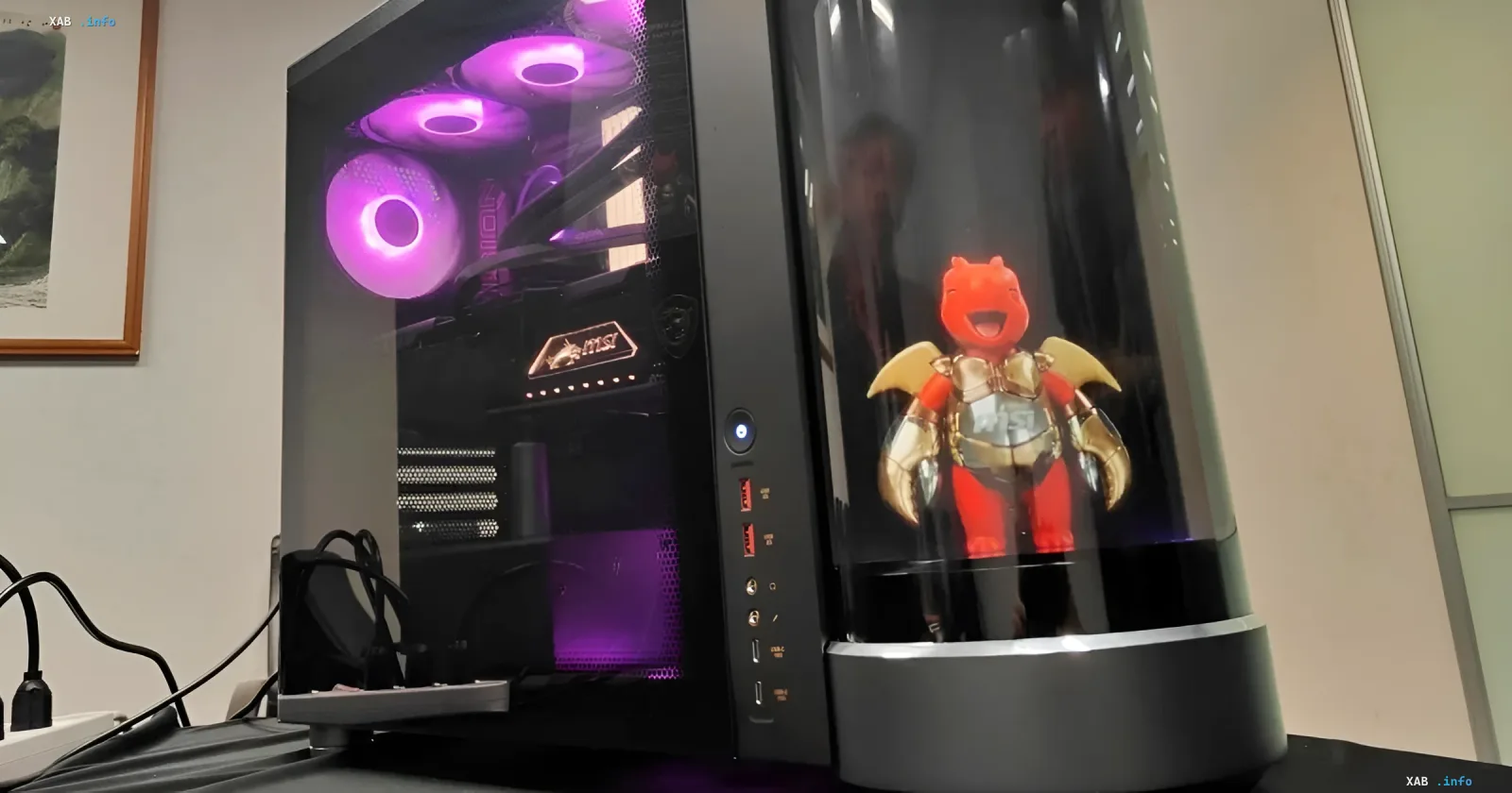 MSI MEG Vision X2 AI+ gaming PC with transparent case housing a glowing red dragon assistant in golden armor