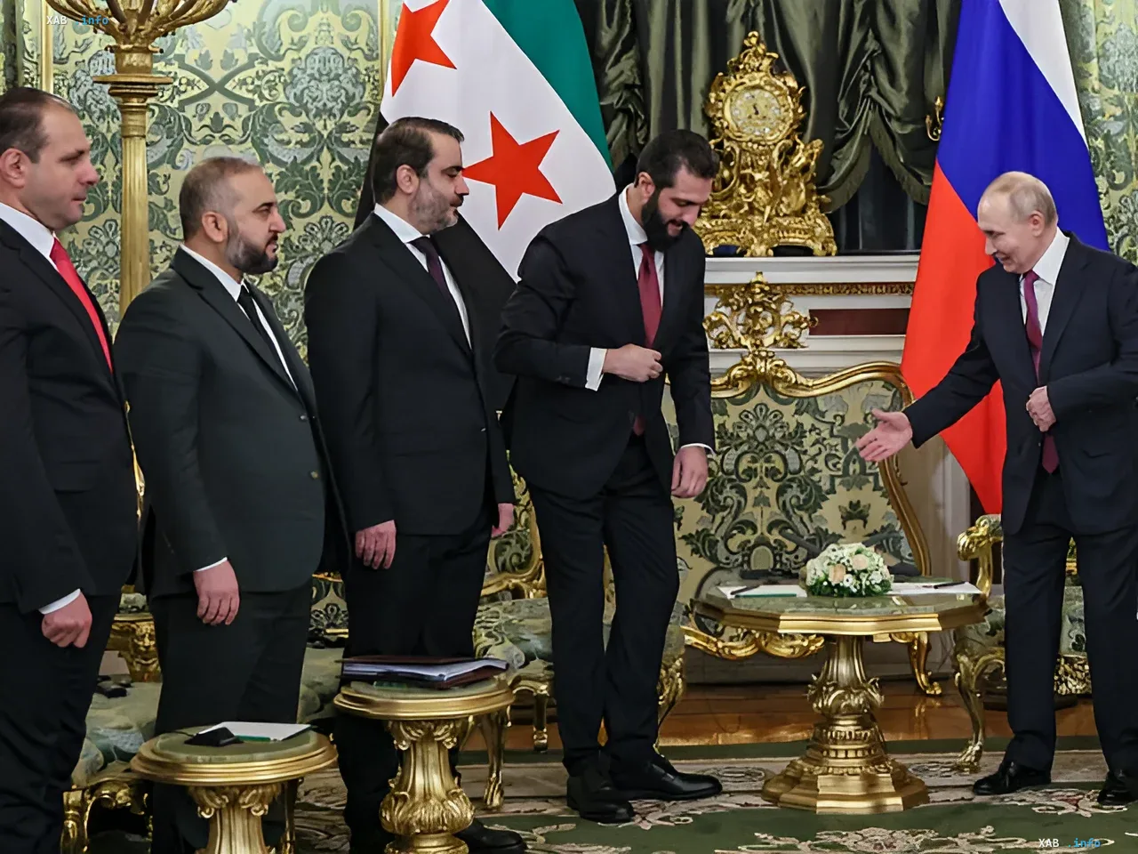 Meeting of Vladimir Putin with Syrian officials in the Kremlin against the backdrop of Russian and Syrian flags