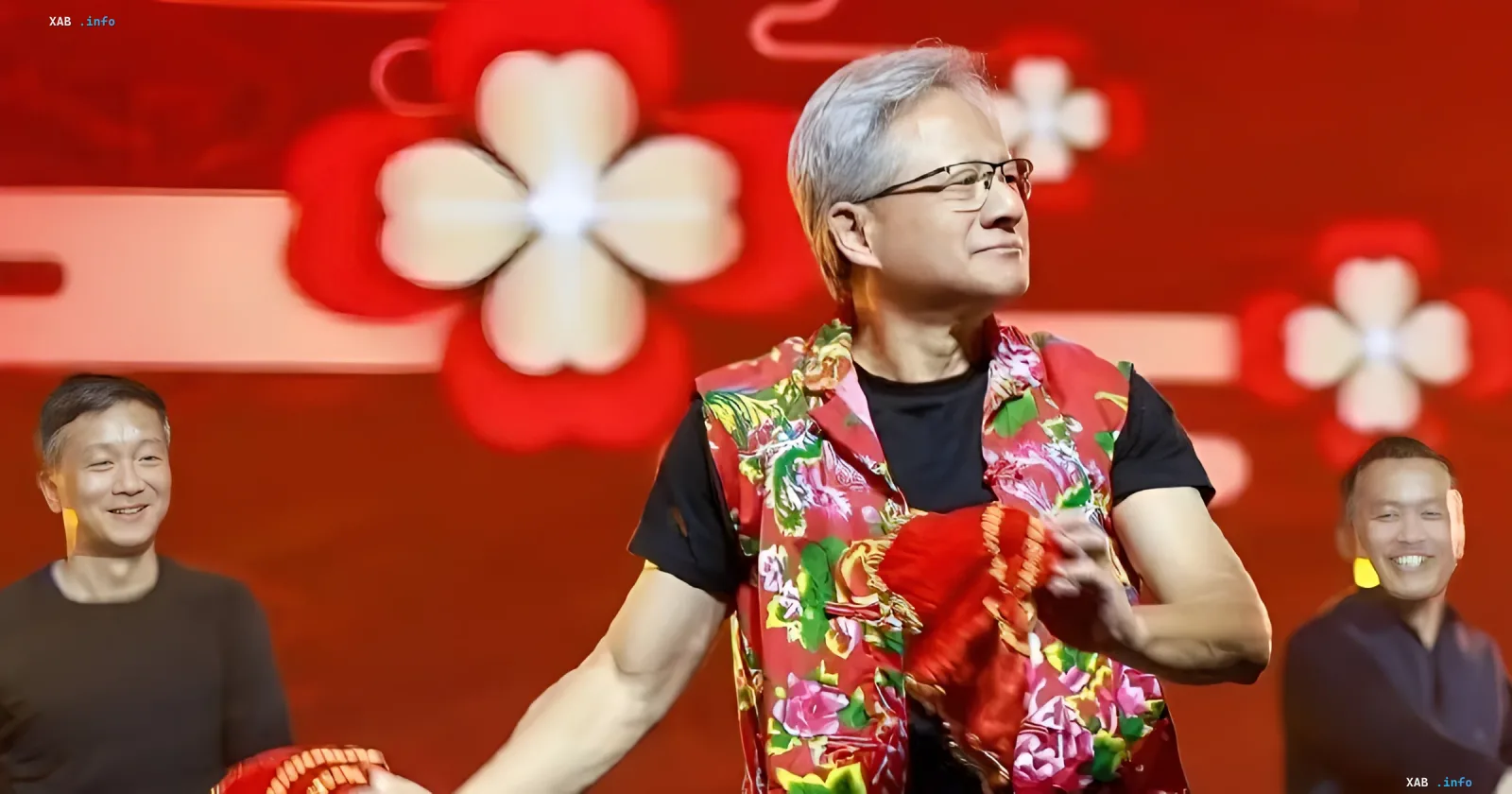 Jensen Huang in a red floral vest dances on stage, symbolizing NVIDIA's success amid the AI boom