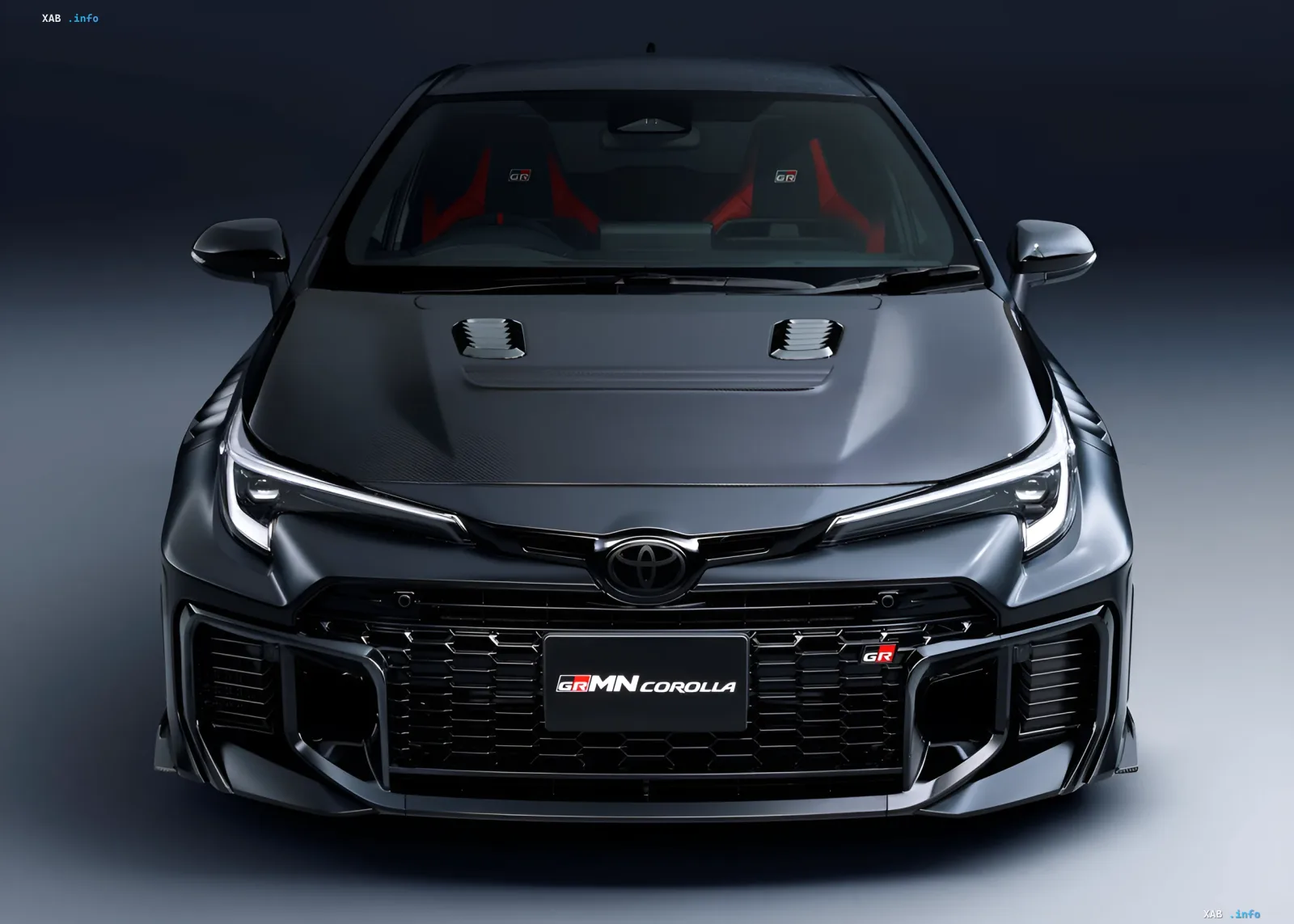 Фронтальный вид на серую Toyota GRMN Corolla с агрессивным аэродинамическим обвесом и мощным 304-сильным мотором для Нюрбургринга