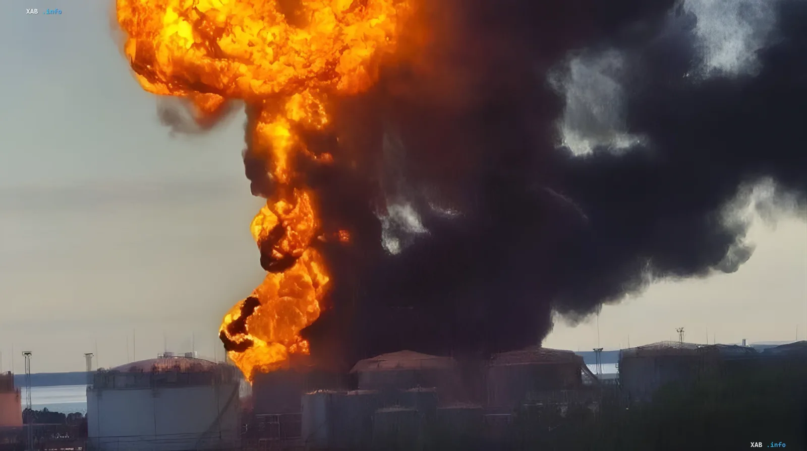 Огромный огненный взрыв на нефтяном терминале в Санкт-Петербурге после удара ВСУ — дым и пламя окутывают резервуары