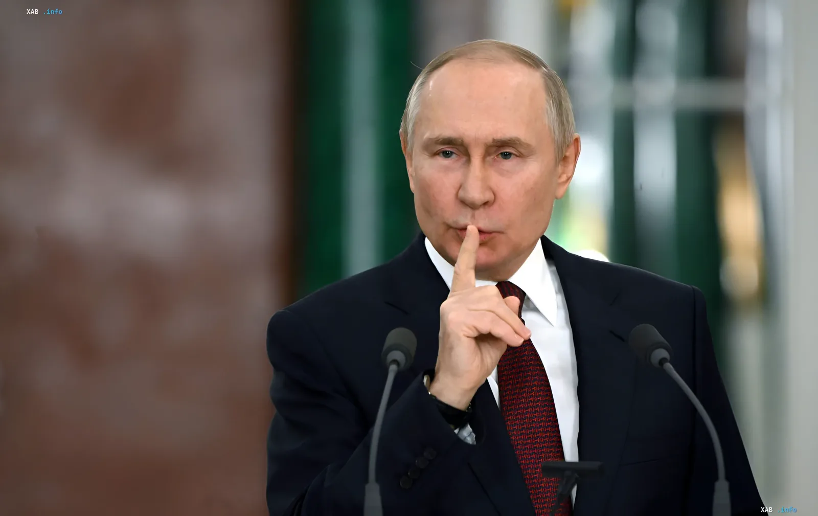 Владимир Путін з пальцем на губах, що символізує таємність переговорів з Росією, в контексті пропозиції Бабіша Мерцу очолити діалог