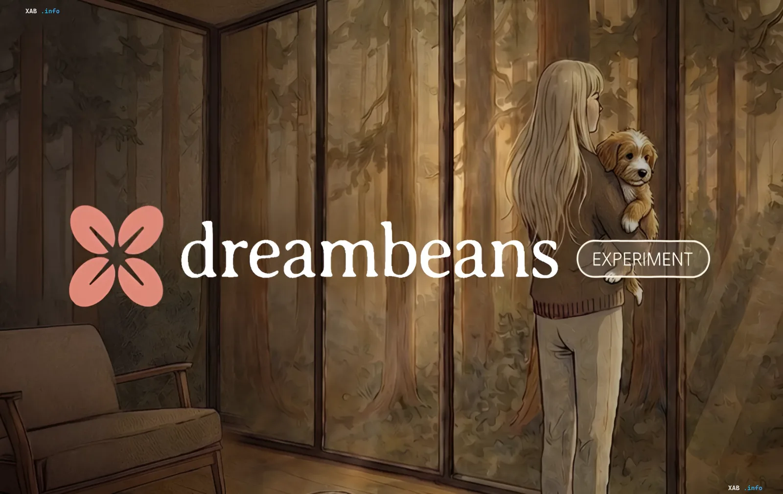 Dreambeans logo over an illustration of a girl with a dog looking out a window at a forest, symbolizing AI journalist surveillance and the end of anonymity