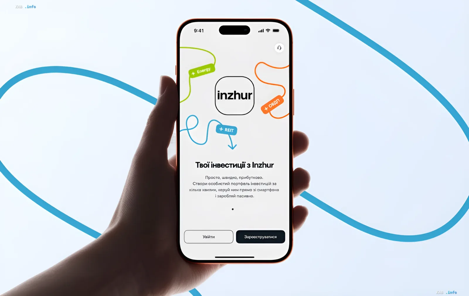 Inzhur-Mobil-App auf Smartphone-Bildschirm: Investitionsmanagement-Interface für REIT, OVDL und Energiesektor