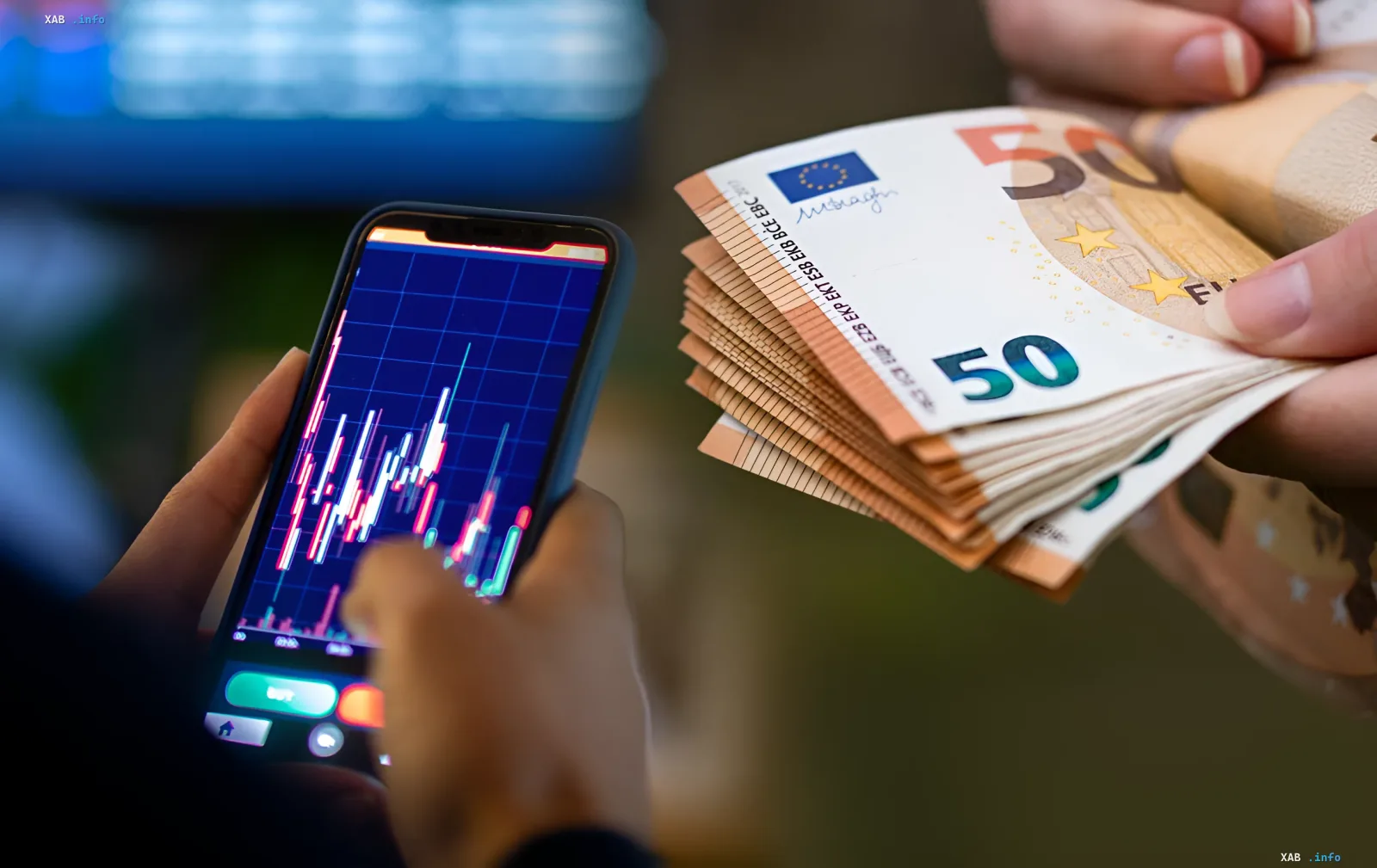 Person hält Euro-Banknoten und betrachtet Wechselkursdiagramm auf Smartphone — Illustration zur Nachricht über Euro-Abwertung in ukrainischen Banken am 4. Juni
