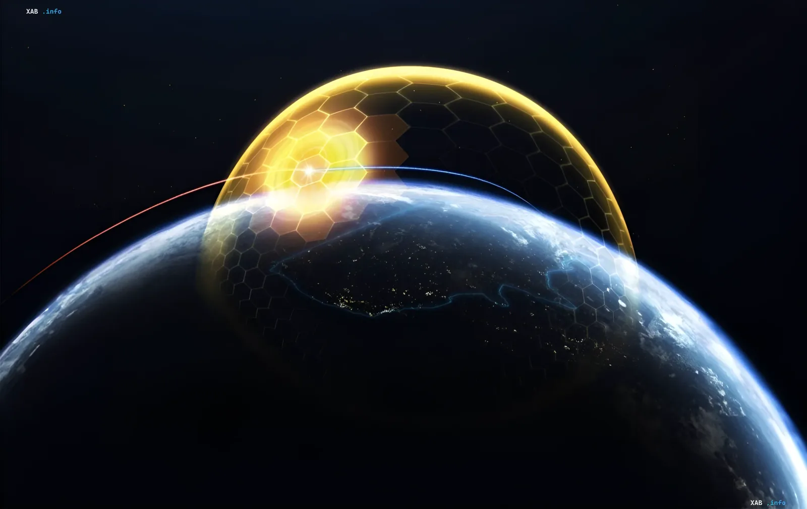 Orbital defense shield with hexagonal network over Earth, symbolizing Northrop Grumman and Apex project to create space-based interceptor system