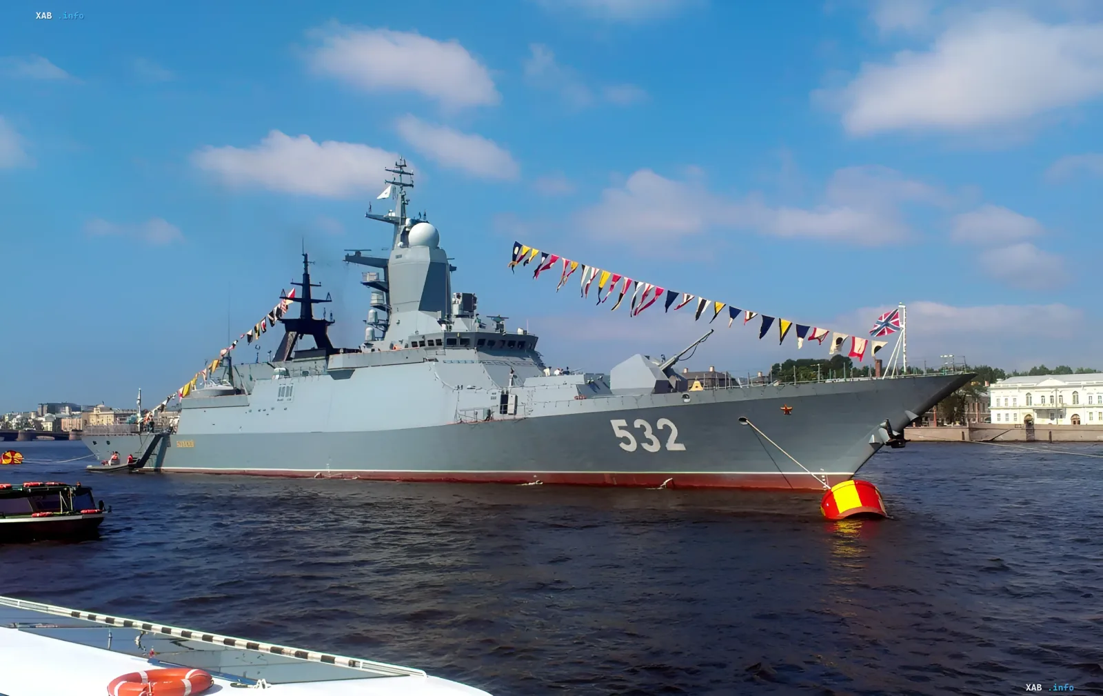 Corvette 'Boykiy' (hull number 532) in Kronstadt after the attack — side view, decorated with festive flags
