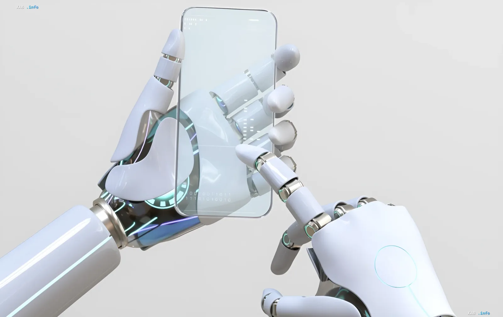 Robotische Hände halten ein Smartphone mit COBALT-Steuerungsoberfläche und zeigen die Integration mobiler Apps in die Robotik