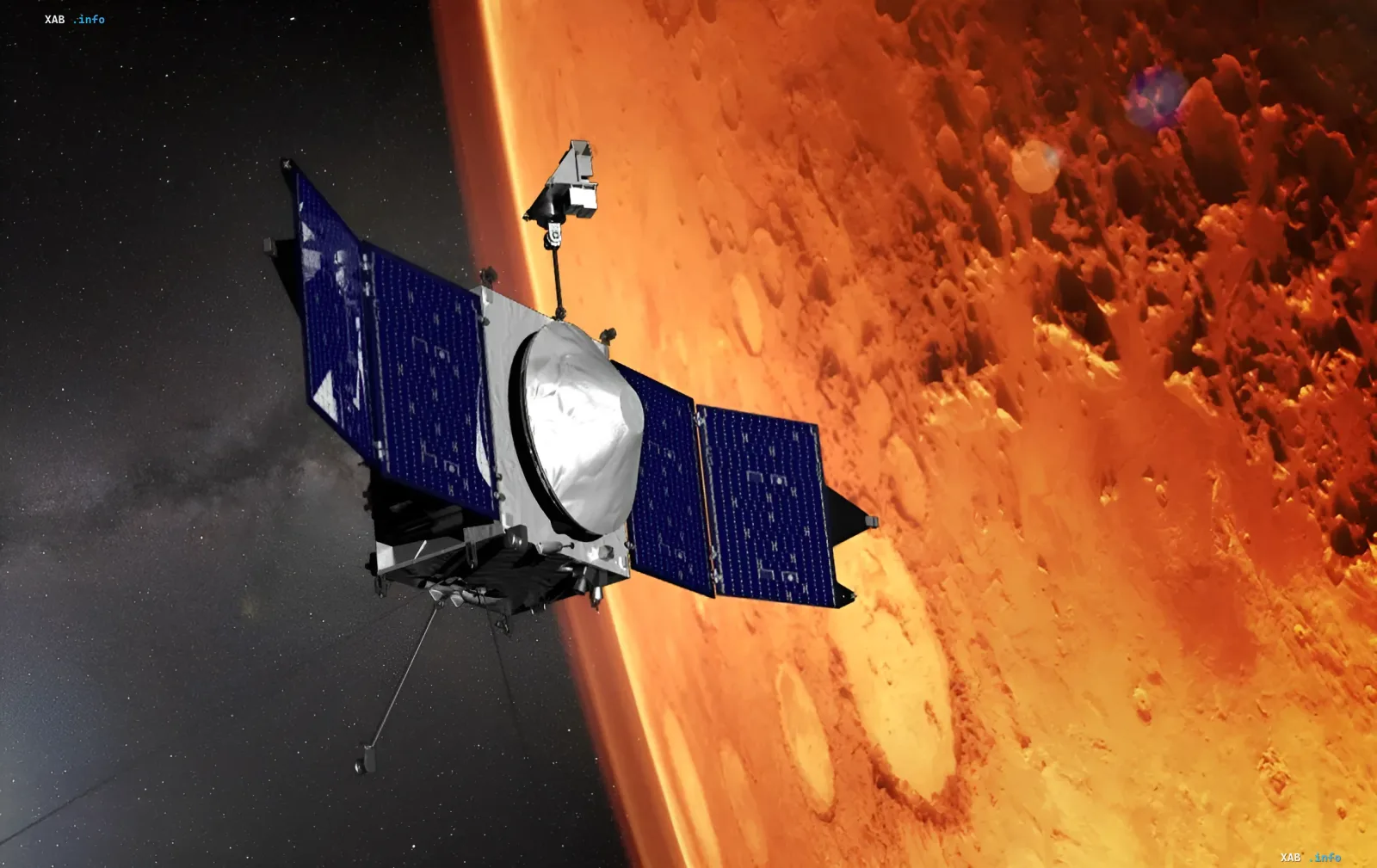 Художня ілюстрація космічного зонда NASA MAVEN на орбіті Марса, що символізує завершення його 11-річної місії з вивчення атмосфери планети.
