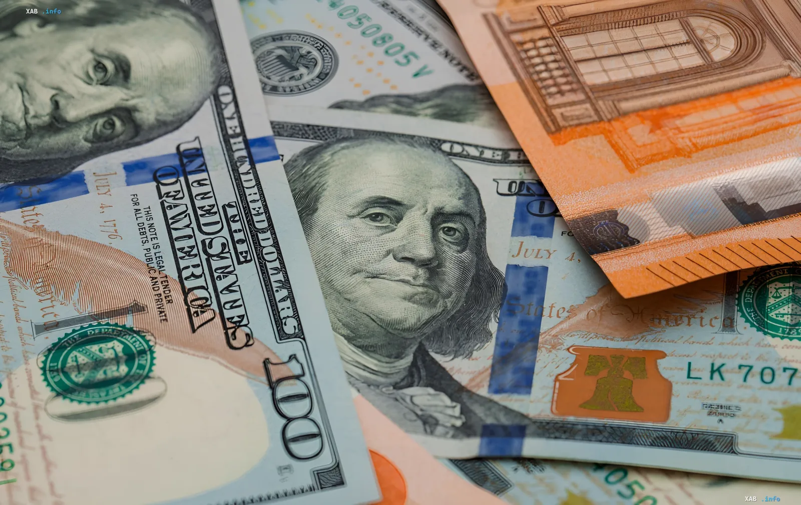 One hundred US dollars and hryvnia banknotes symbolize Ukraine's international reserves of $45.7 billion