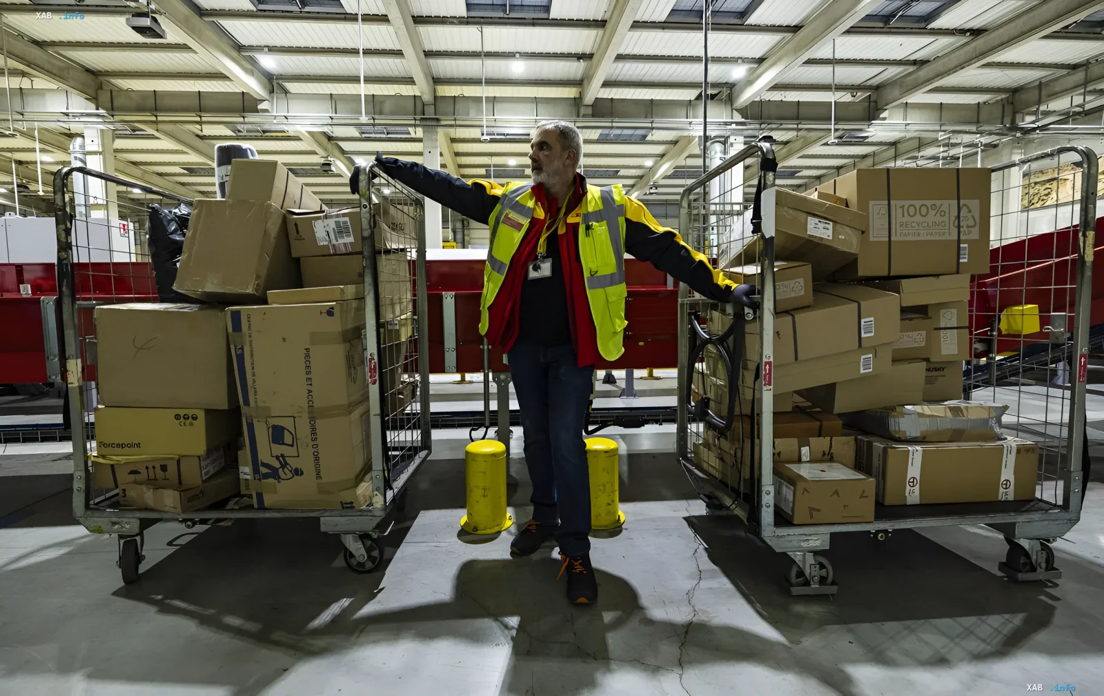 Worker in a yellow vest manages carts with boxes in a warehouse, symbolizing logistics and economics in the context of the IMF news and taxes for Ukraine