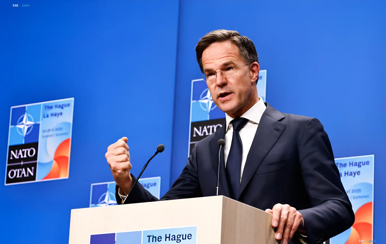 Mark Rutte speaks at the NATO summit in The Hague, discussing aid to Ukraine