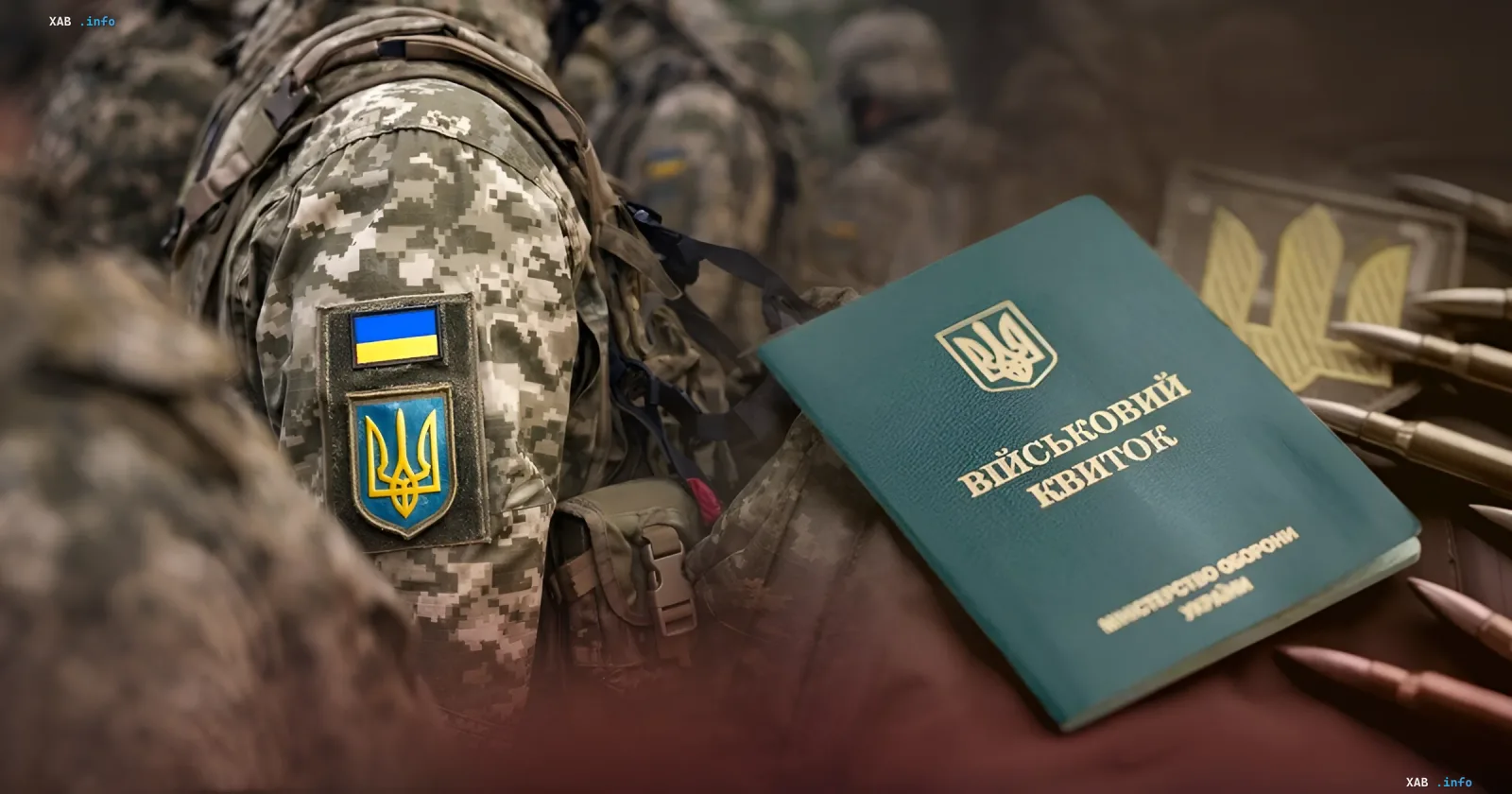 Український військовий квиток на фоні бійця в камуфляжі з прапором України та символікою армії