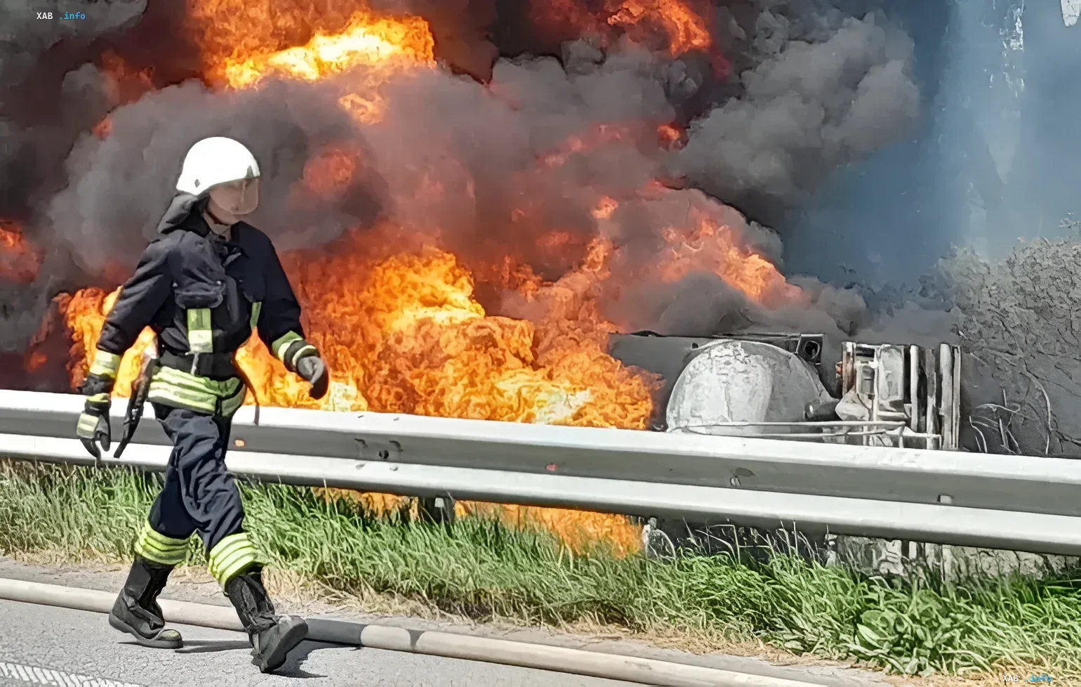 Пожар на дороге: пожарный в защитной экипировке проходит мимо горящего грузовика, символизируя последствия логистического локдауна в Украине