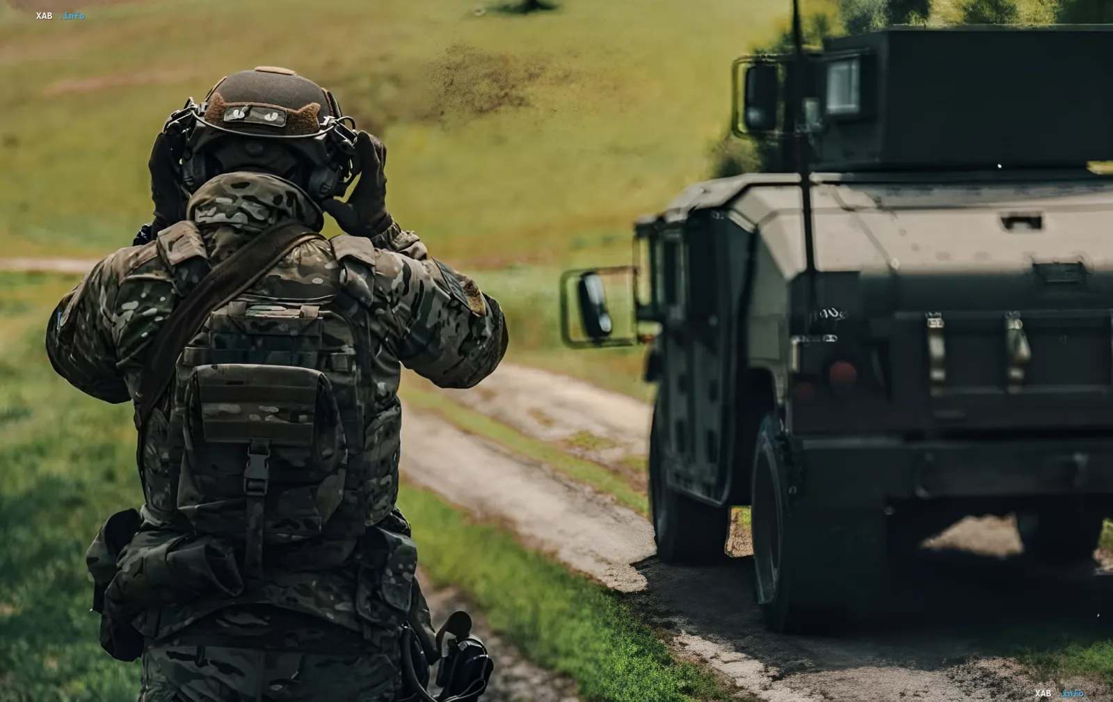 Украинский военный в камуфляже с тактическим снаряжением стоит на дороге рядом с бронированной машиной, символизируя завершение программы Interflex и переход к новым формам обучения