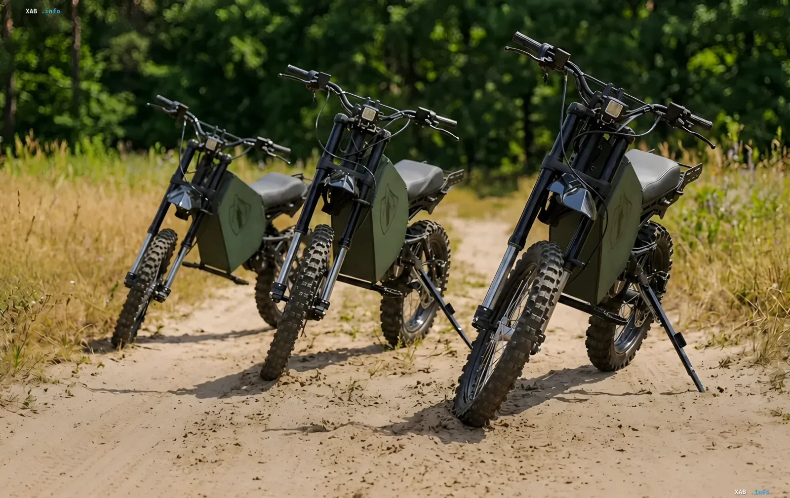 Three Ukrainian electric motorcycles 'Storm Wolf' on a forest road, ready for combat use with a range of 100 km