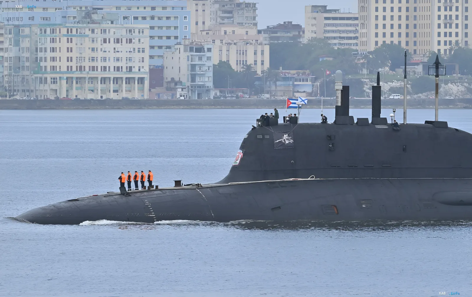 Черная подводная лодка с кубинским флагом у берегов Гаваны, иллюстрирующая глобальные риски в эпоху отсутствия договоров о контроле над вооружениями