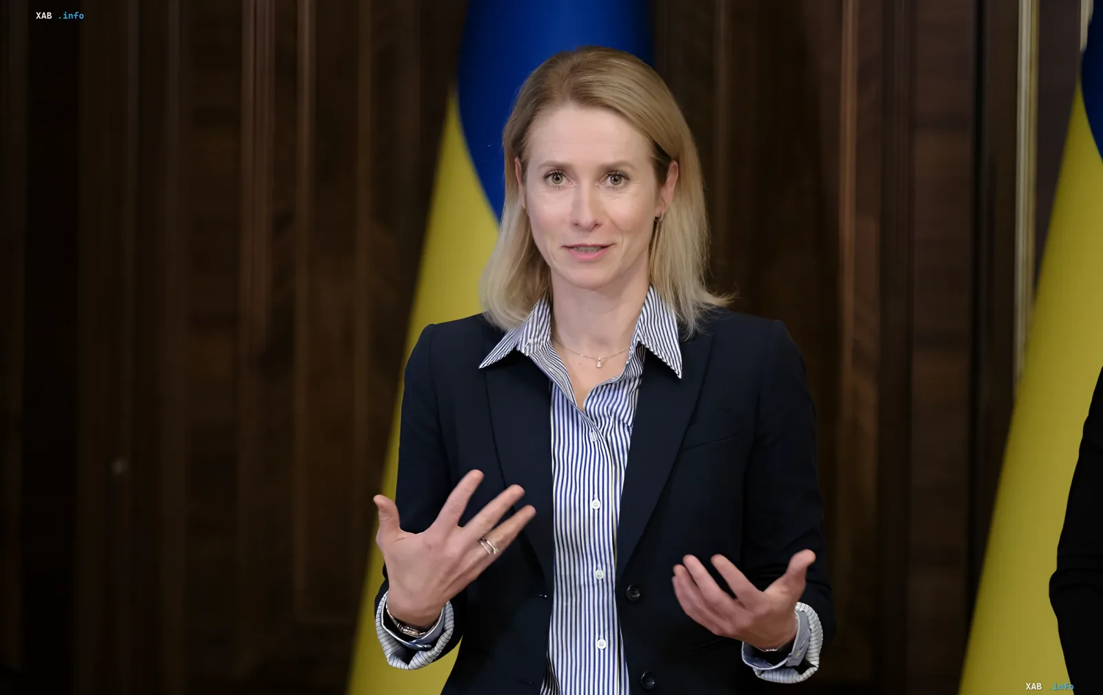 Kaja Kallas in front of EU and Ukrainian flags discusses new sanctions against Russia