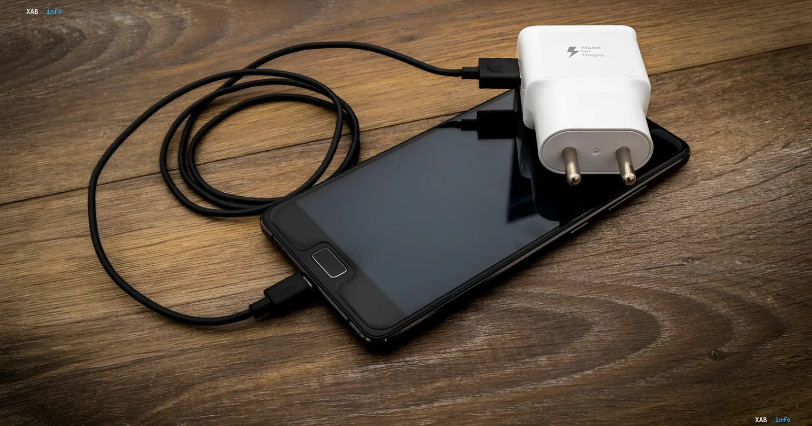 Black smartphone connected to white charger on wooden table — illustration for article on why phones charge slowly